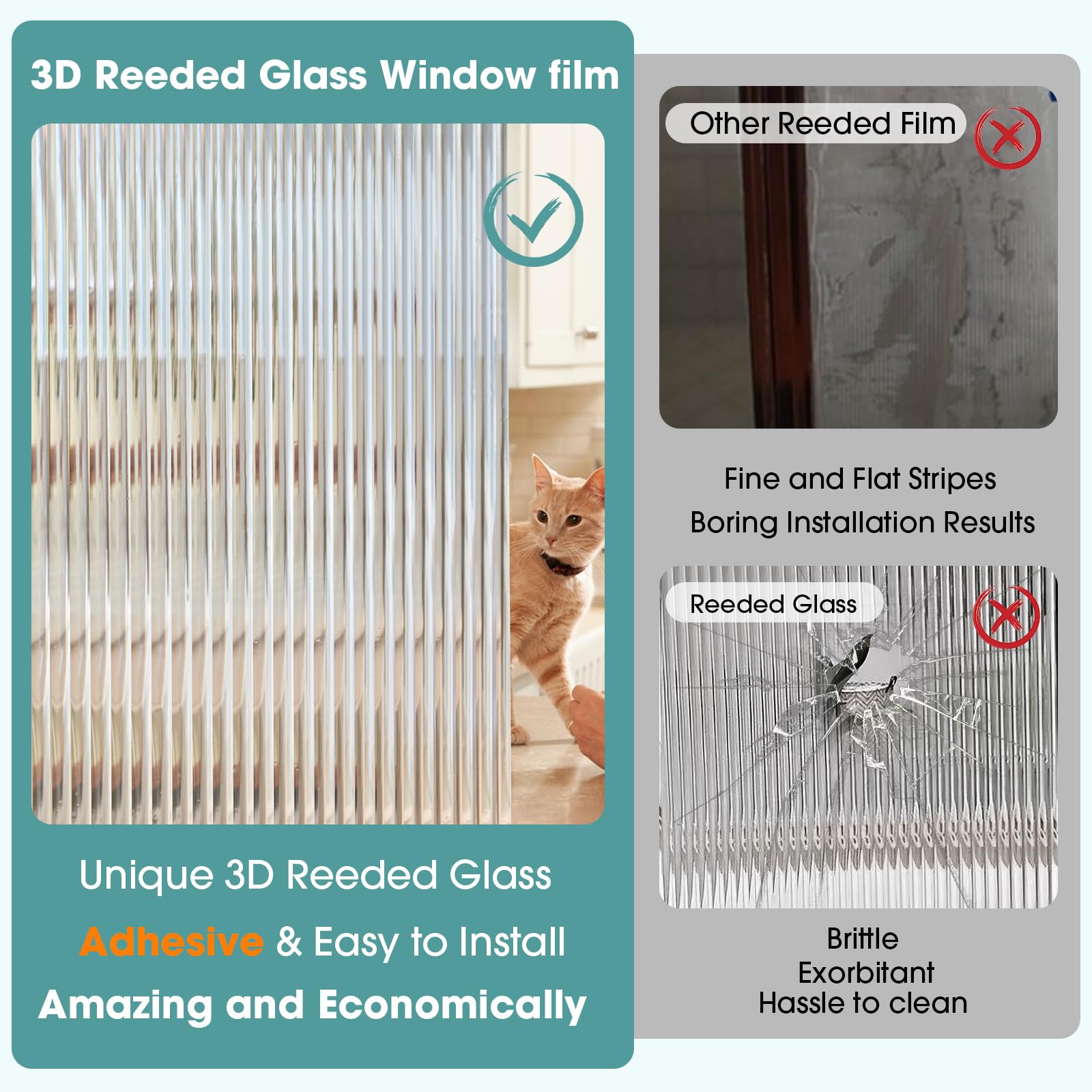 Coavas Window Privacy Film Reeded Glass, Frosted 3D Fluted Glass Window Cling, Adhesive Vinyl Decorative Door Stickers for Bathroom Home Sun Blocking, 17.5x78.7 in, Translucent - Medaid International