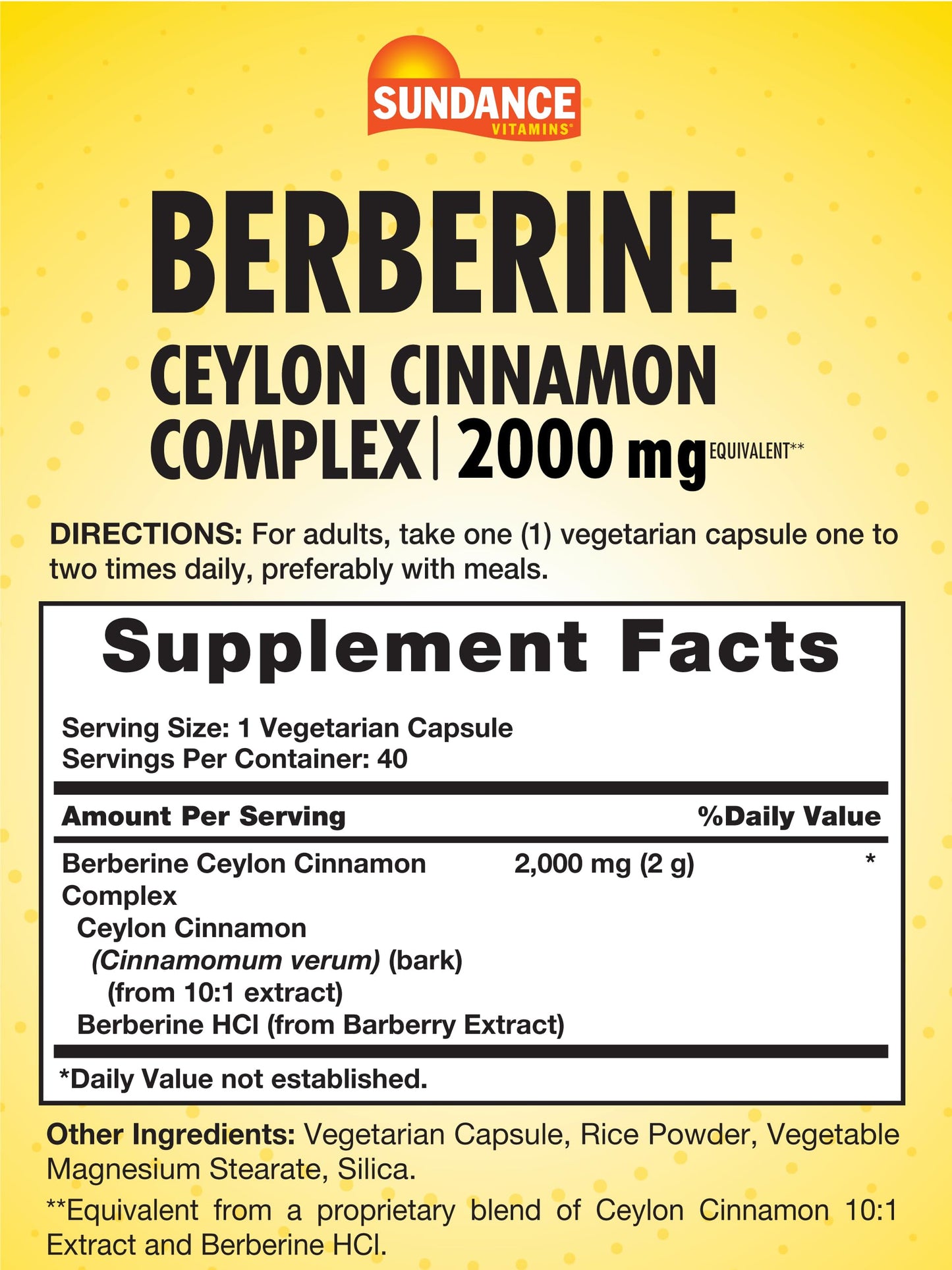 Sundance Berberine with Ceylon Cinnamon | 2000mg | 40 Capsules | Vegetarian, Non-GMO & Gluten Free Supplement - Medaid International