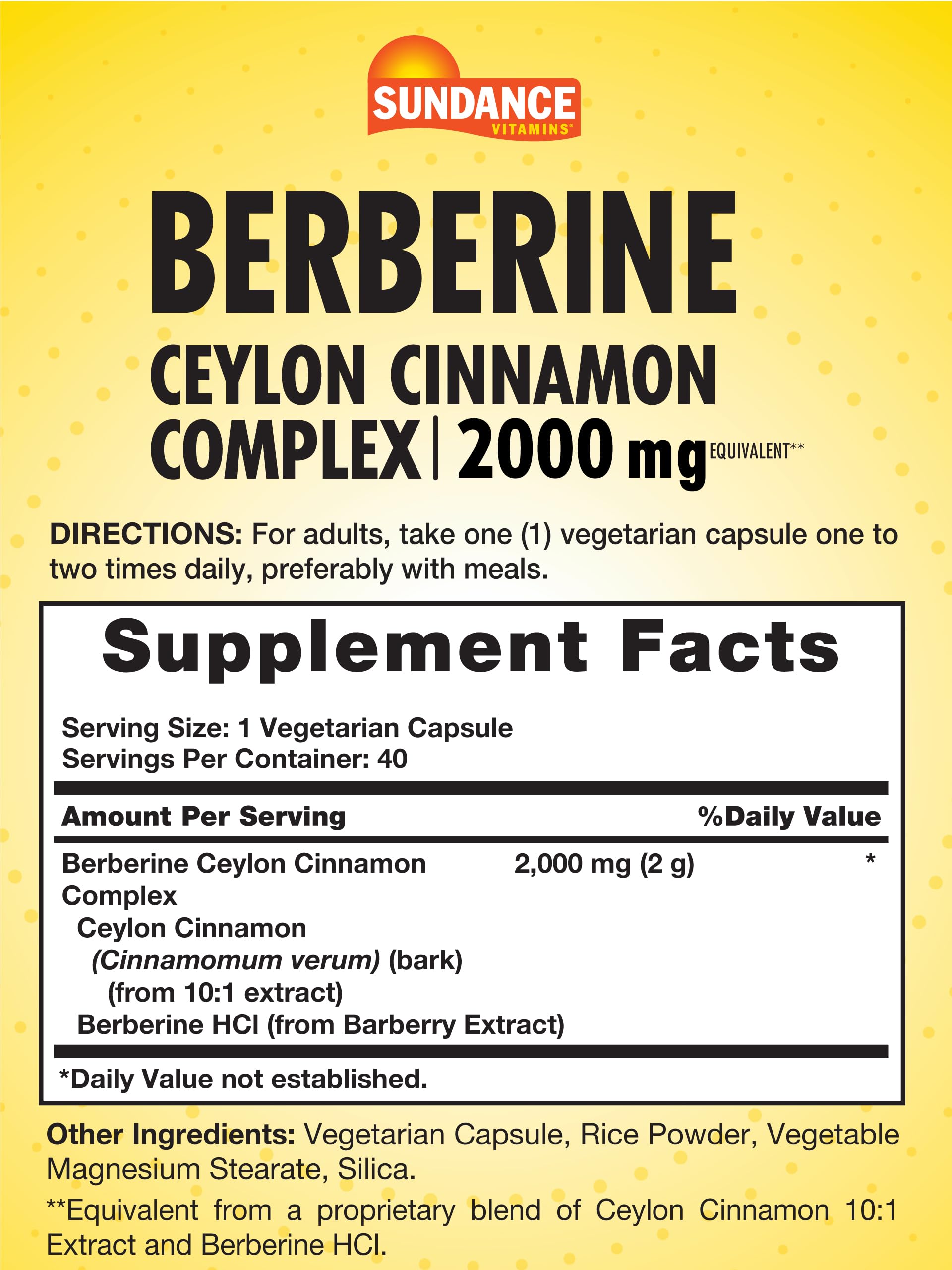 Sundance Berberine with Ceylon Cinnamon | 2000mg | 40 Capsules | Vegetarian, Non-GMO & Gluten Free Supplement - Medaid International