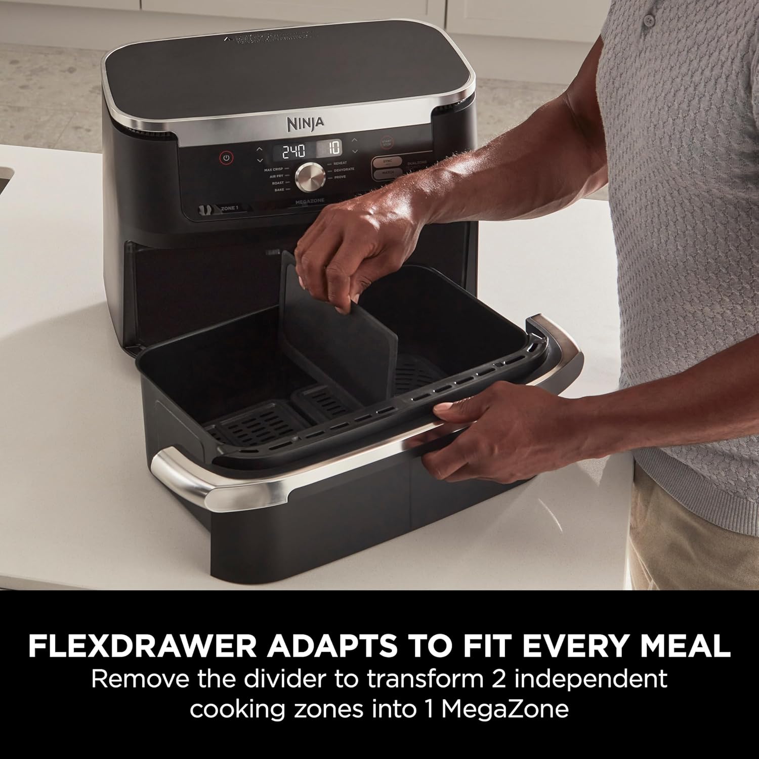Ninja Foodi FlexDrawer Air Fryer, Dual Zone with Removable Divider, Large 10.4L Drawer, 7-in-1, Air-Fryer Uses No Oil, Air Fry, Roast, Bake, Max Crisp, Non-Stick Dishwasher Safe Parts, Black AF500ME - Medaid International