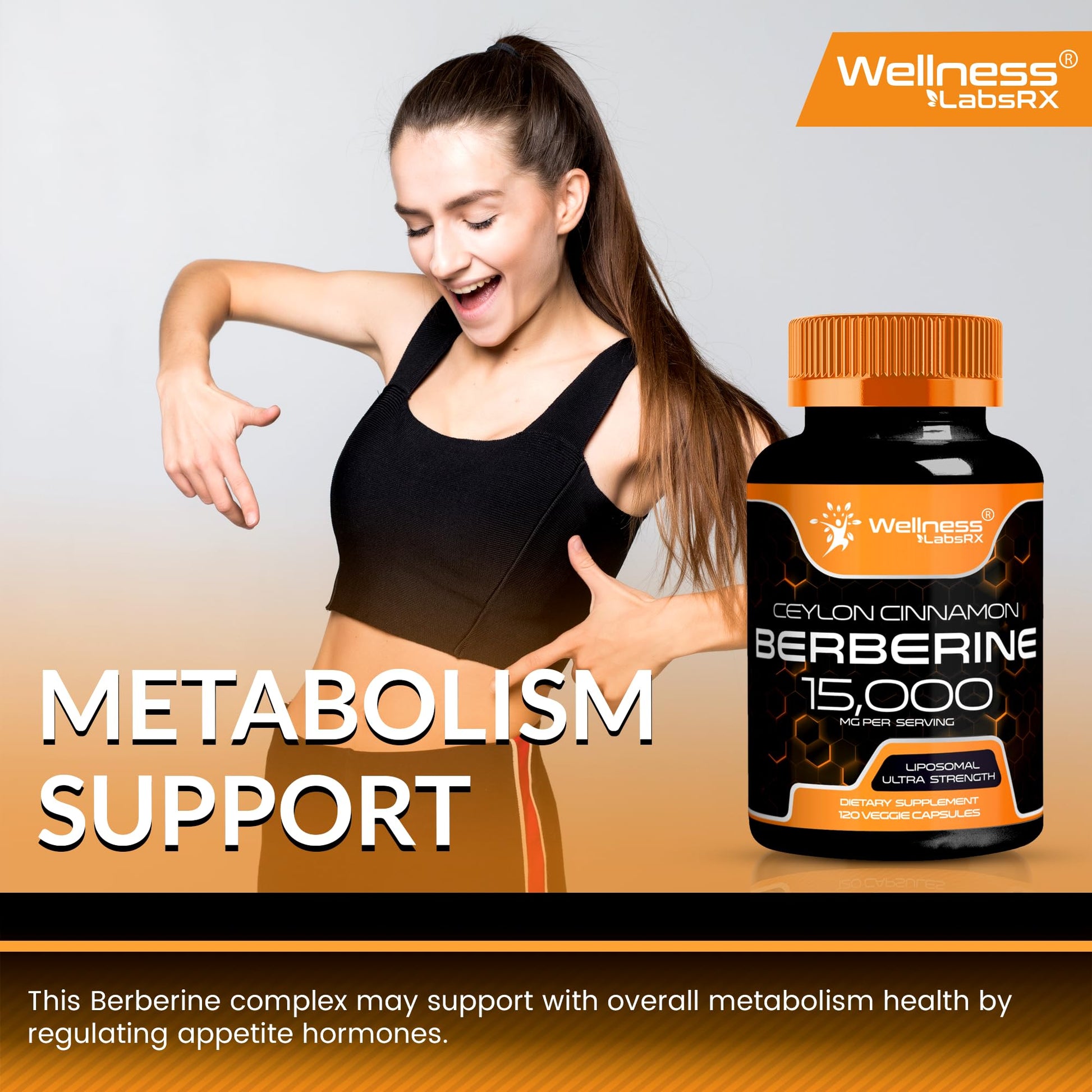 WELLNESS LABSRX Berberine 15,000mg - Third-Party Tested Berberine Supplement HCL with Ceylon Cinnamon, Black Pepper Extract and Apple Cider Vinegar, Heart Support Capsules - 120 Capsules - Pack of 1 - Medaid International