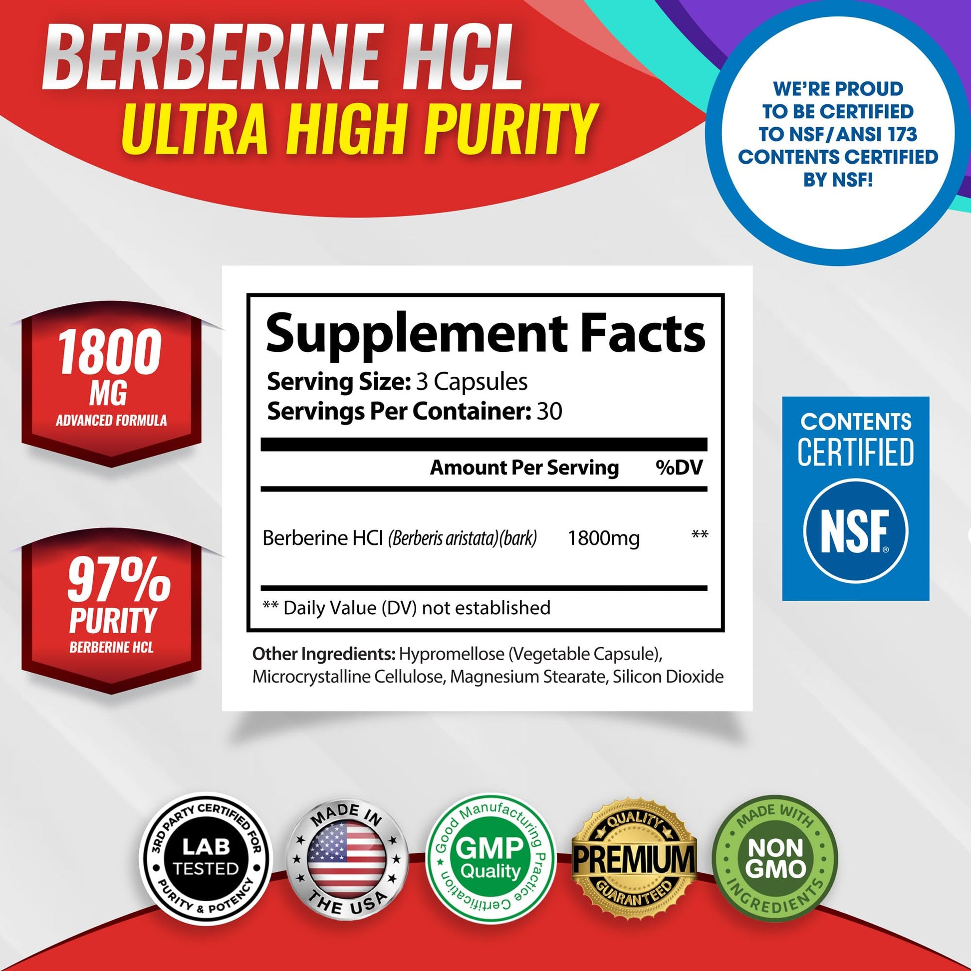 Berberine Supplement 1800mg - Berberine HCL 97% Tested Ultra High Purity Premium Berberine Extract to Support Overall Health, High Potency Berberine Plus Non-GMO Vegan Men Women, 90 Capsules - Medaid International