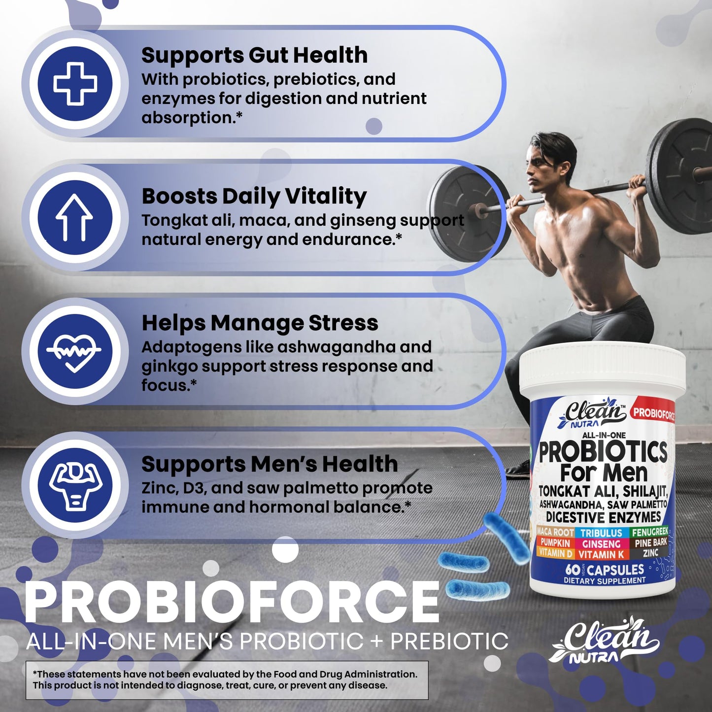 Clean Nutra Probiotics for Men | Tongkat Ali, Saw Palmetto, Tribulus, Ginseng, Ashwagandha, Maca, Pumpkin, Gingko Biloba, Pine Bark, Fenugreek, Shilajit, Zinc - Mens Probiotic 60 Capsules - Medaid International