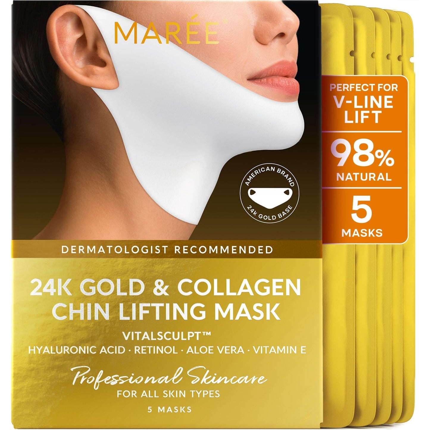 MAREE V Line Lifting Mask with 24K Gold – Deep Collagen Face Mask for Women – Jawline Shaper Mask with Retinol & Hyaluronic Acid – Neck Tightening & Firming - Double Chin Strap for Face Lift - Medaid International