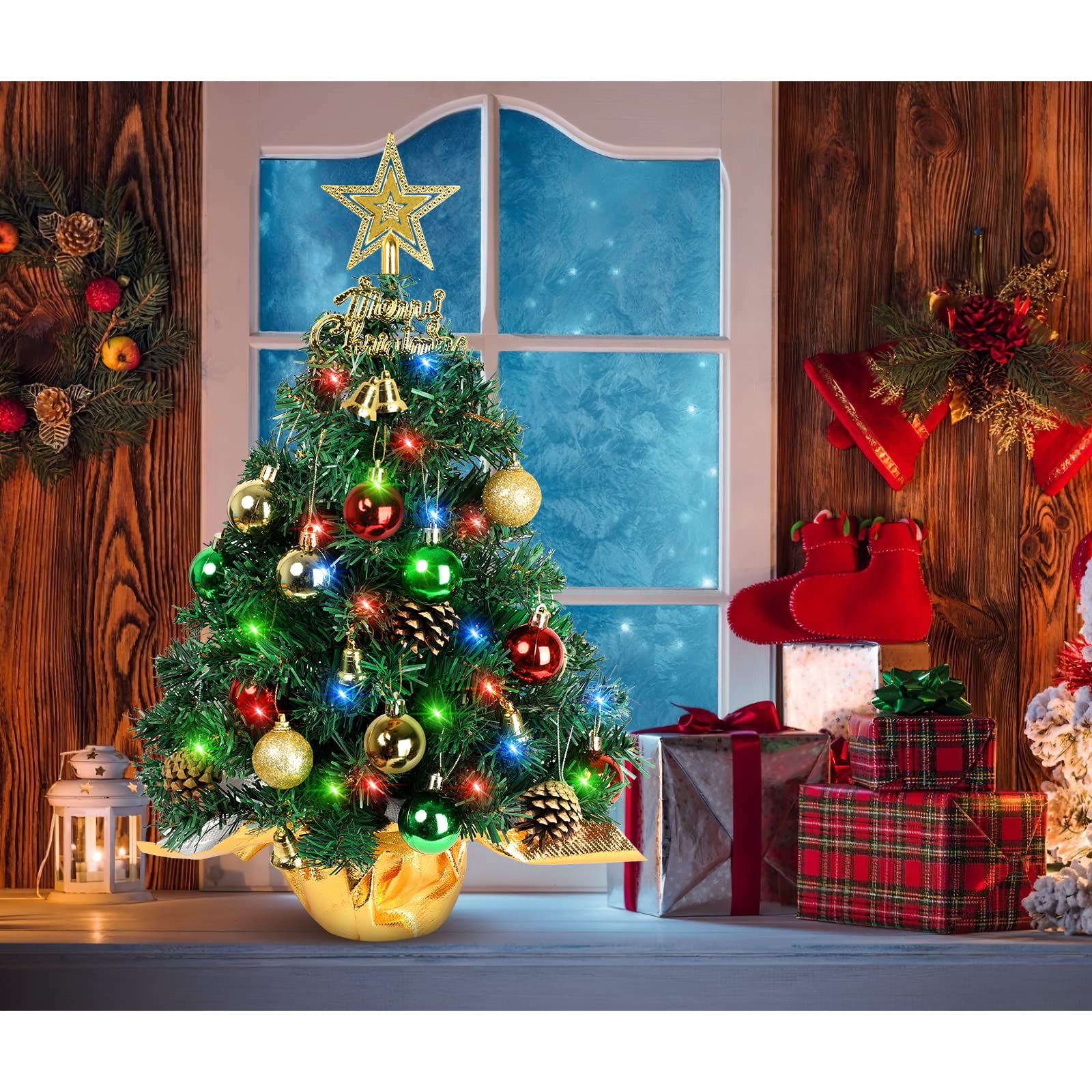 AGIRL Tabletop Christmas Tree 22 Inch Mini Artificial Christmas Tree with 30 LED String Lights, Star Tree, Tabletop Small Xmas Tree for Holiday Indoor DIY Christmas Decor - Medaid International