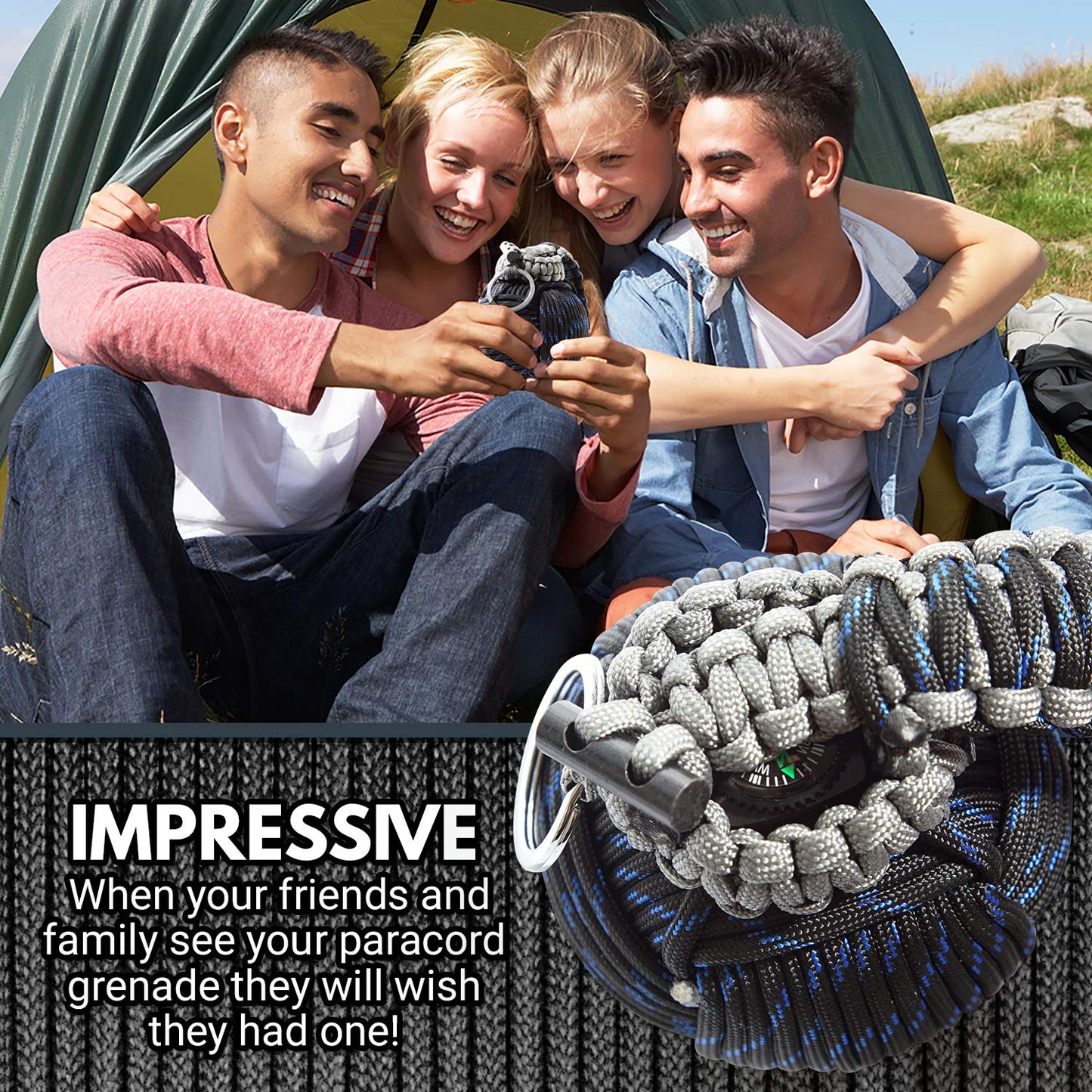Paracord Emergency Carabiner Grenade with 48 Survival Tools (Blue+Black) - Grenade-Tied 550 Parachute Cord for Outdoor Preparedness - Holtzman's Gorilla Survival