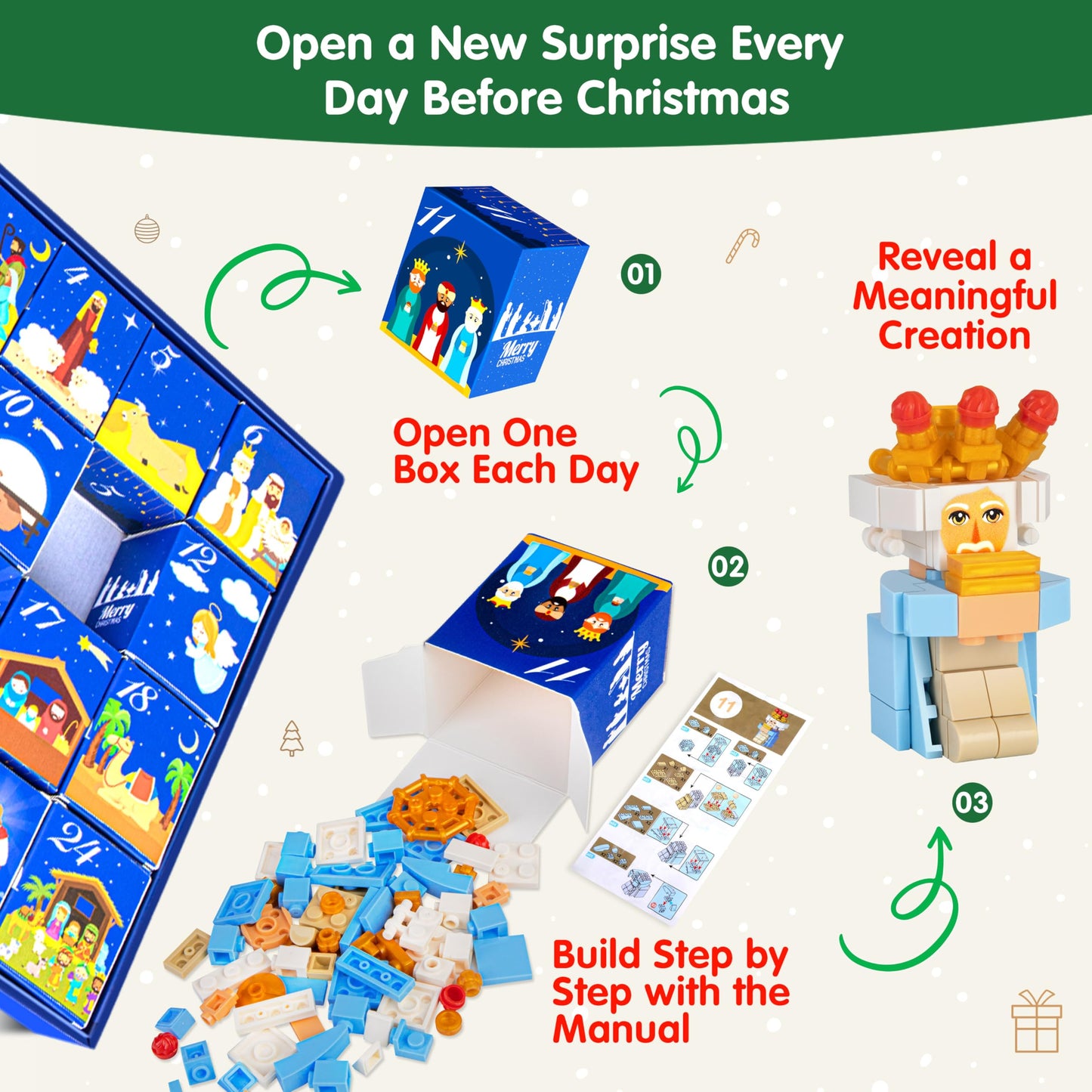 Nativity Advent Calendar 2025 Kids – 24 Days Building Blocks Kits Christmas Gifts Countdown Calendar Set, Stocking Stuffer Building Toys for Boys, Girls, Teens & Adults Ages 6+ - Medaid International
