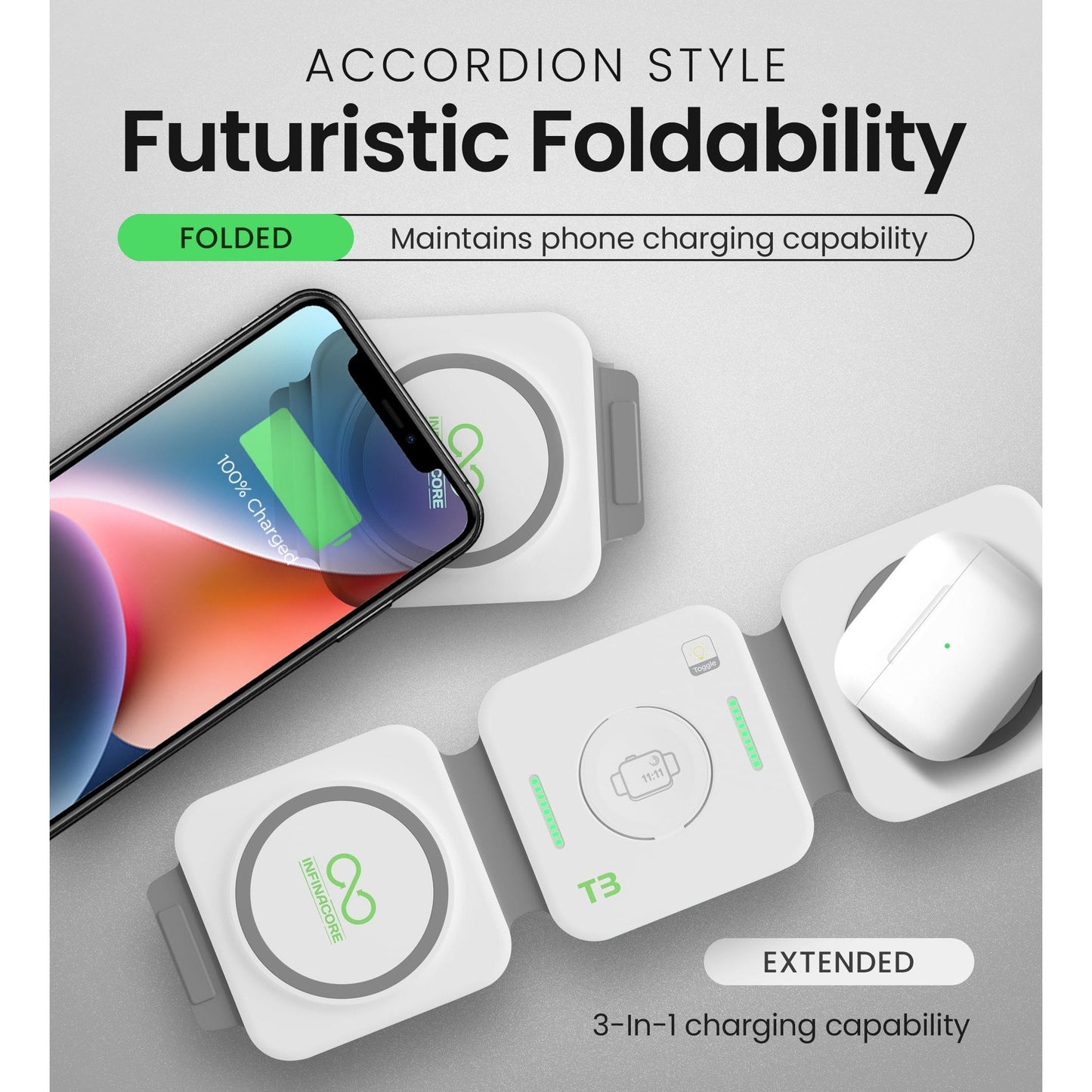 InfinaCore 3-in-1 Charging Station for Apple Devices - Travel Essentials- Magnetic Wireless Travel Charger - Foldable Charging Pad for Magsafe iPhone 16 15 14 13 12 Pro Max/Plus, AirPods & Apple Watch - Medaid International