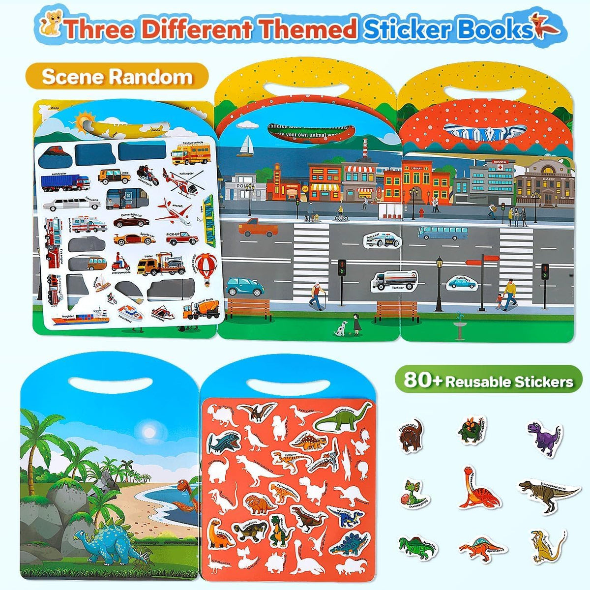 KASTWAVE 3 Set Reusable Stickers Books for Toddlers, Travel Toys Car Plane Activities - Busy Toys for 2 3 4 Year Old Boys Girls Birthday Gifts - Dinosaur+Animal+Vehicle