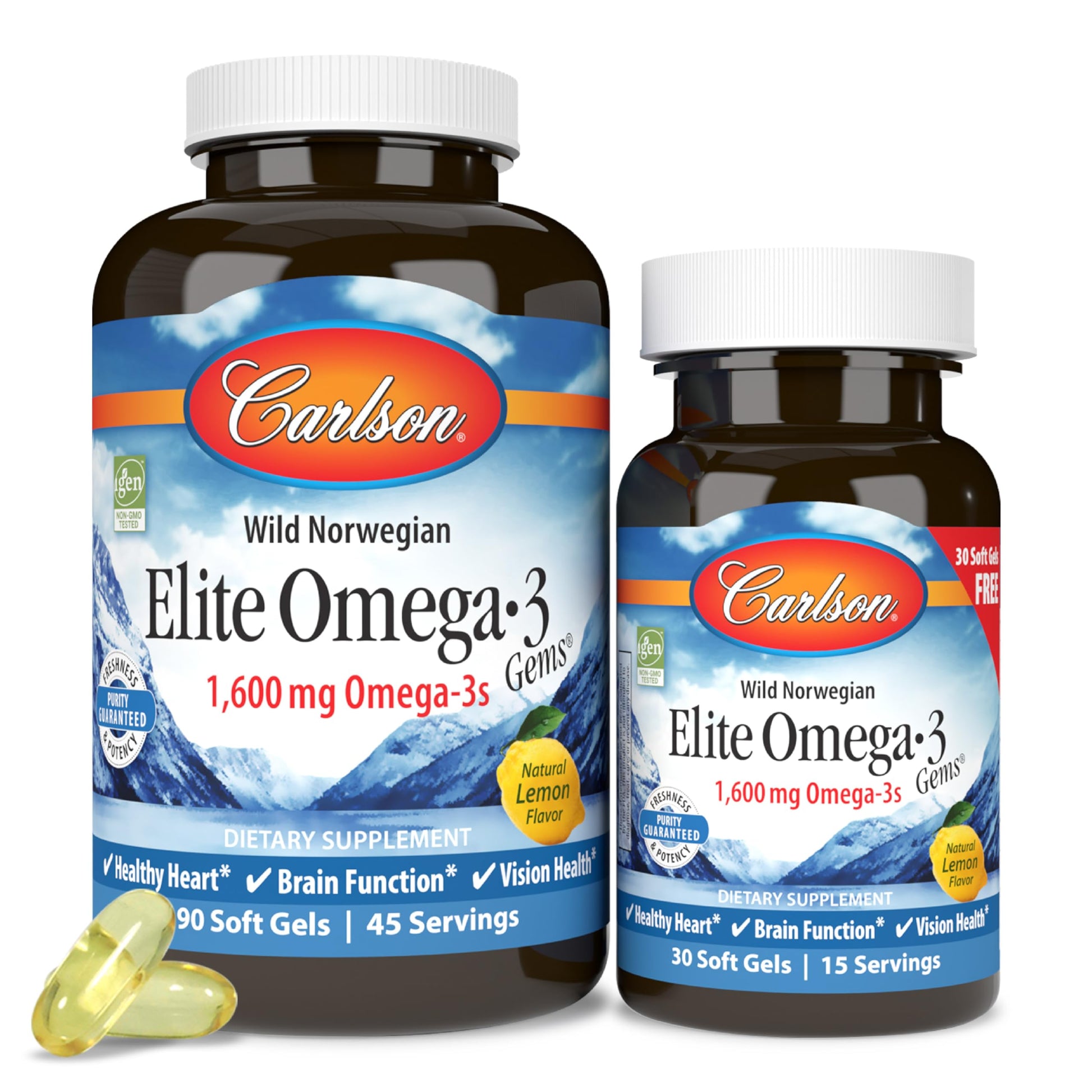 Carlson - Elite Omega-3 Gems,1600 mg Omega-3 Fatty Acids Including EPA and DHA,Norwegian, Wild-Caught fish oil Supplement,Sustainably Sourced Capsules, Lemon, 90+30 Softgels - Medaid International