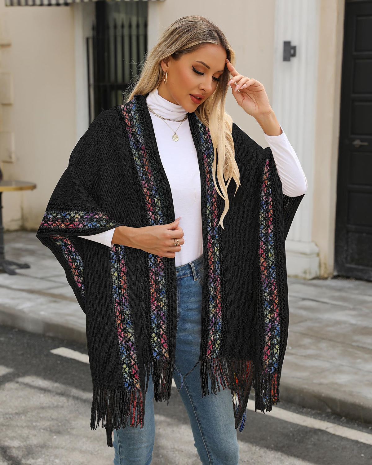 KASTWAVE Knit Shawl Wraps for Women, Wraps Oversized Winter Scarf, Warm Poncho Sweater, Tassels Open Front capes, Warm Wearable Blanket Long Cardigans Sweater Coats Birthday Gifts for Ladies