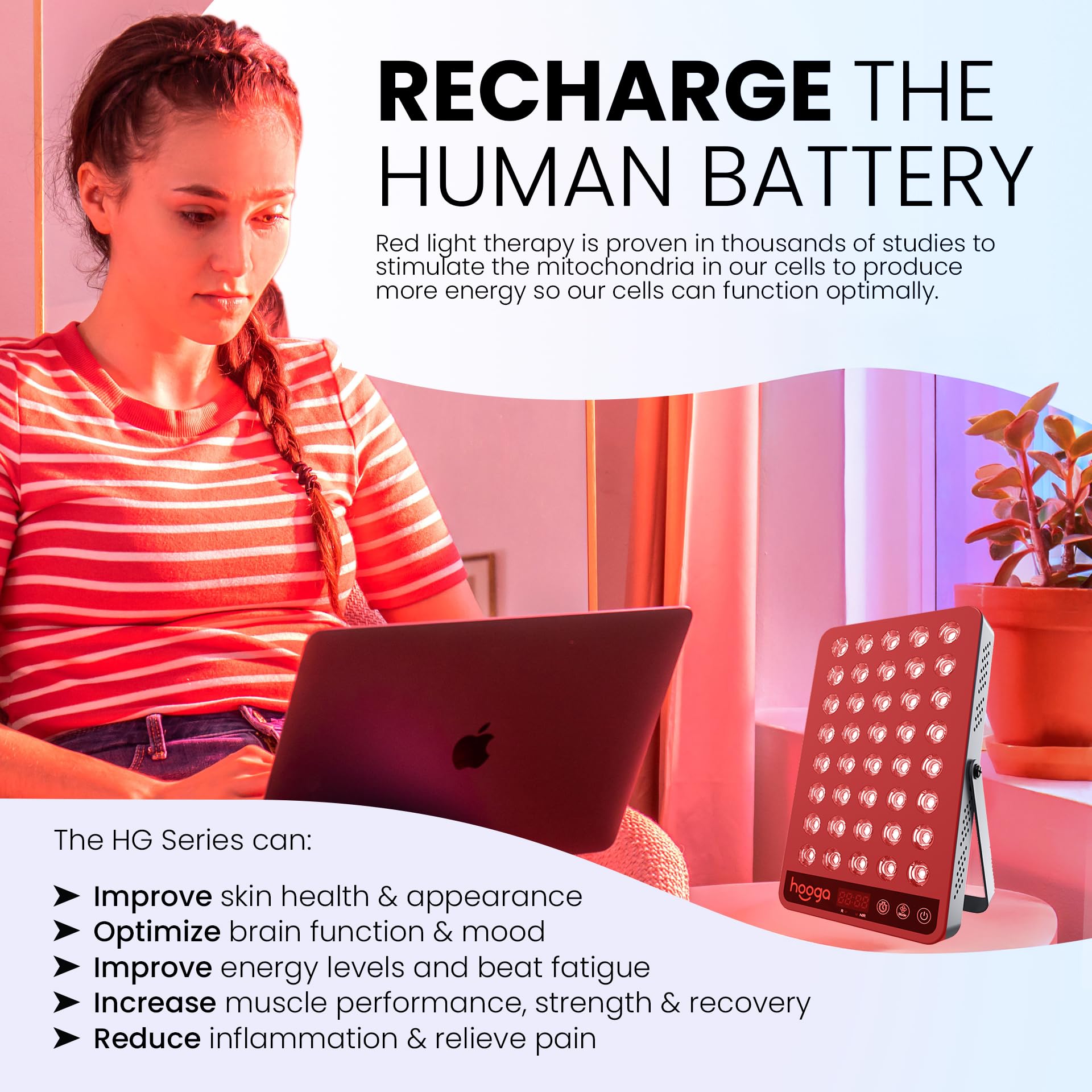 Hooga Red Light Therapy, 660nm 850nm Near Infrared Light Therapy with Timer, Built in Stand, Clinical Grade High Power Output for Skin Health, Pain Relief, Muscle Recovery, Performance. HG200 - Medaid International