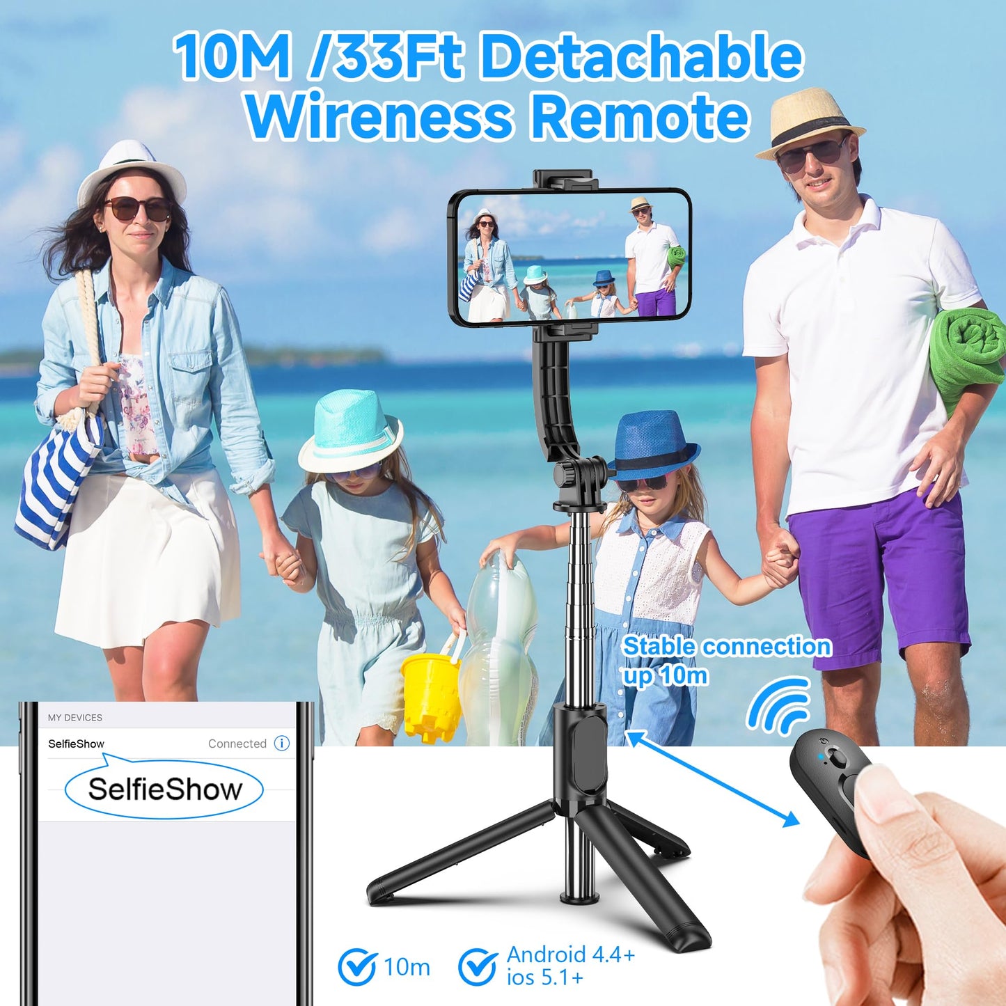 SelfieShow Selfie Stick, Extendable Selfie Stick Tripod with Wireless Remote and Tripod Stand, Portable, Lightweight, Compatible with iPhone 15 14 13 12 Pro Xs Max X 8Plus, Samsung Smartphone and More - Medaid International