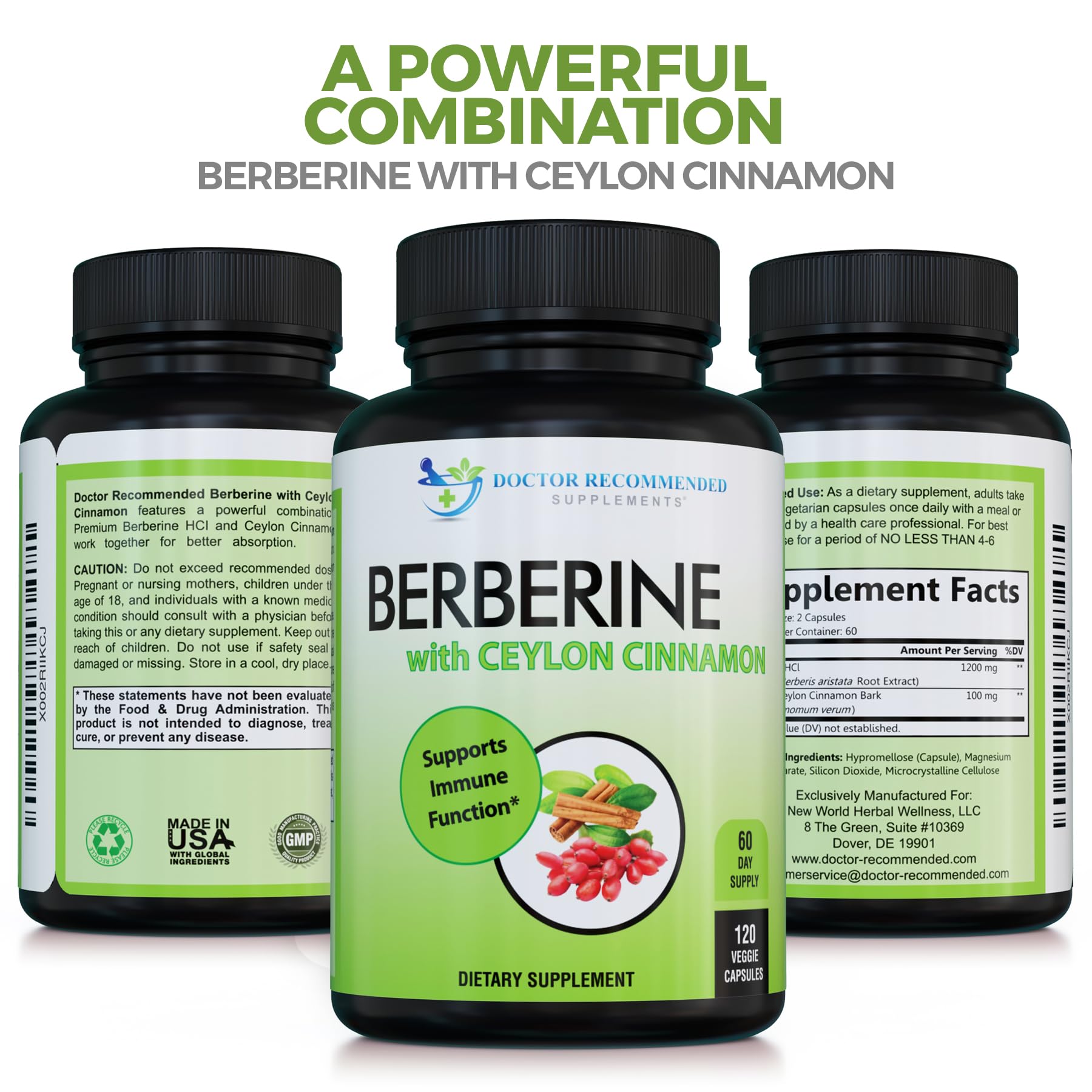 DOCTOR RECOMMENDED SUPPLEMENTS Berberine with Ceylon Cinnamon - 1200mg Berberine & 100mg Organic Ceylon Cinnamon - 120 Veggie Capsules, Healthy Immune System & Gastrointestinal Wellness - Medaid International
