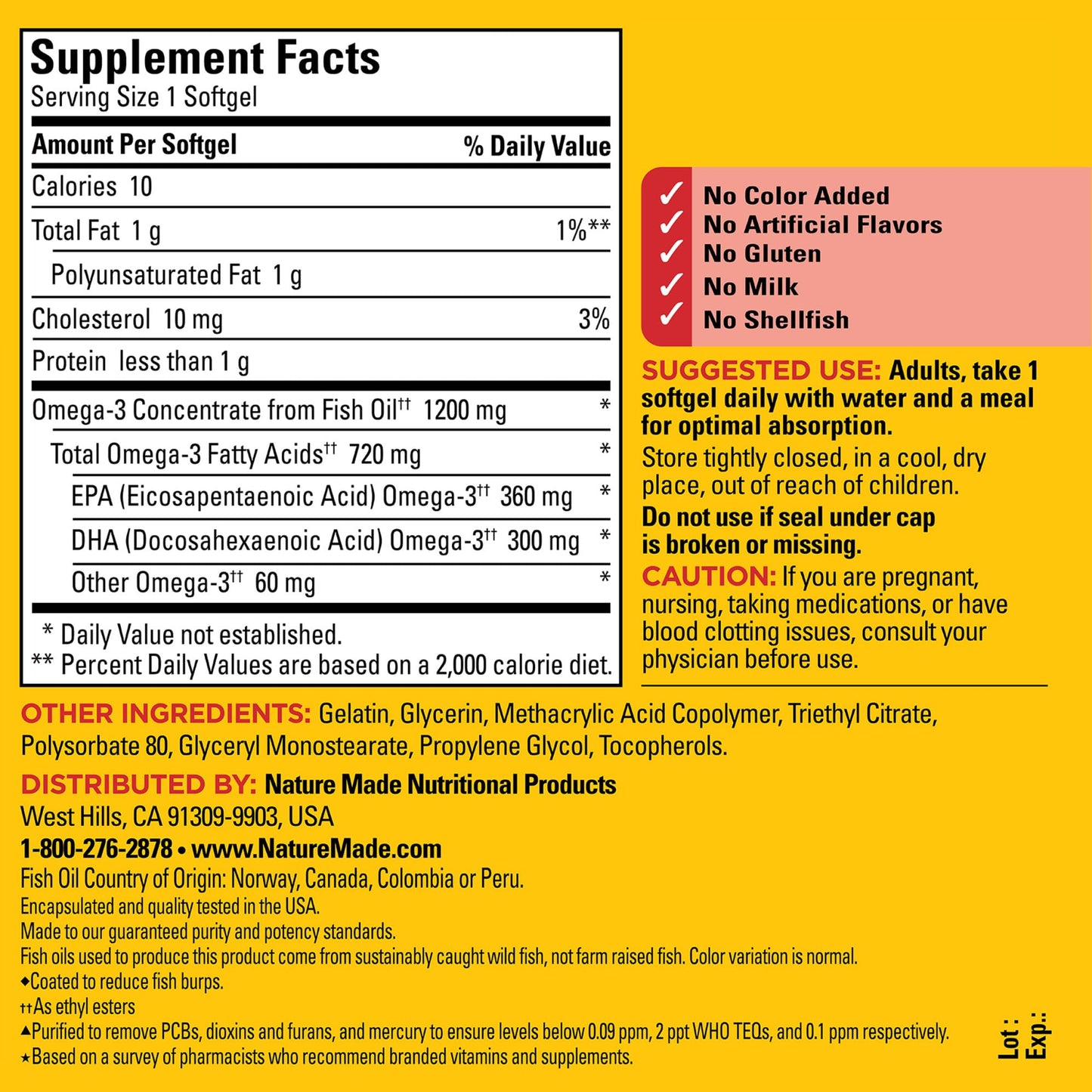 Nature Made Burp Less Omega 3 Fish Oil Supplements, 1200mg, EPA DHA Omega 3 Supplement as Ethyl Esters, Fish Oil Softgels for Healthy Heart, Brain and Eyes Support, One Per Day, 120 Softgels - Medaid International