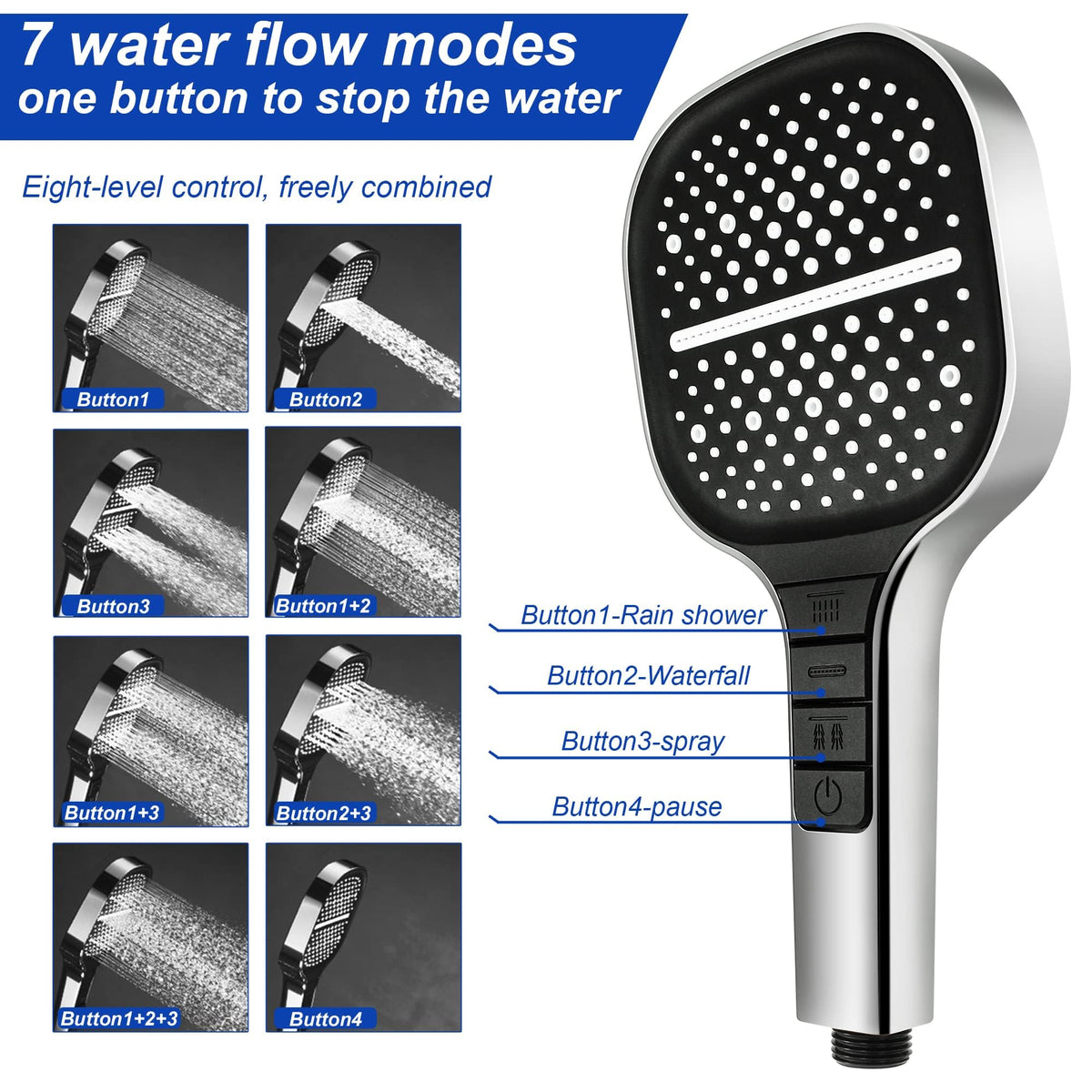 KASTWAVE Shower Head, High Pressure Shower Heads with 8 Spray Modes, Universal Water Saving Large Handheld Powerful Square Shower Head, Single Hand Adjustable (Without Hose Set 1.5m)