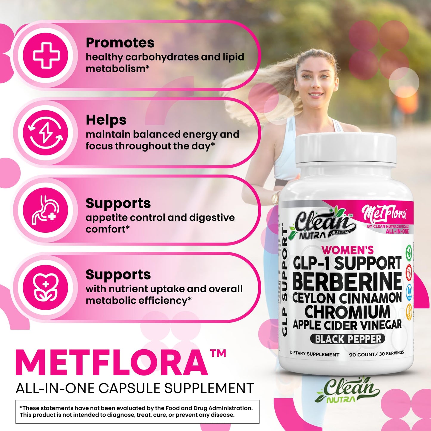 Clean Nutra Women's GLP-1 Support Complex, Berberine with Ceylon Cinnamon, Chromium, Apple Cider Vinegar, 90 Capsules - Medaid International