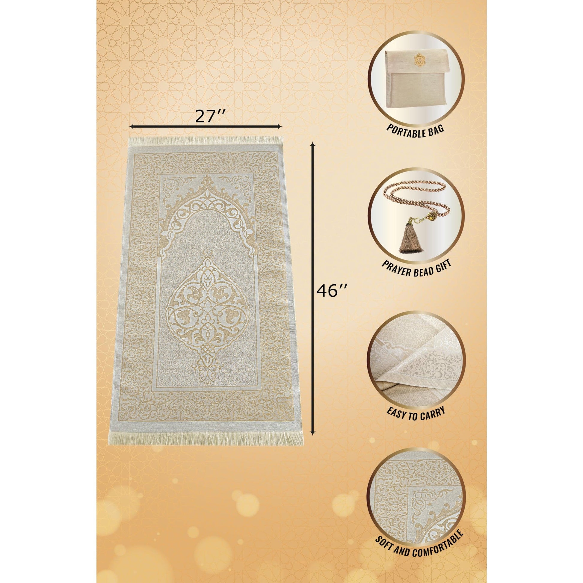 ihvan Online Muslim Prayer Rug and Beads with Portable Elegant Fabric Bag, Janamaz, Sajadah, Soft Islamic Prayers Rug, Islamic Gifts for Eid Ramadan, Travel Prayer Carpet Mat, Taffeta Fabric, Black - Medaid International