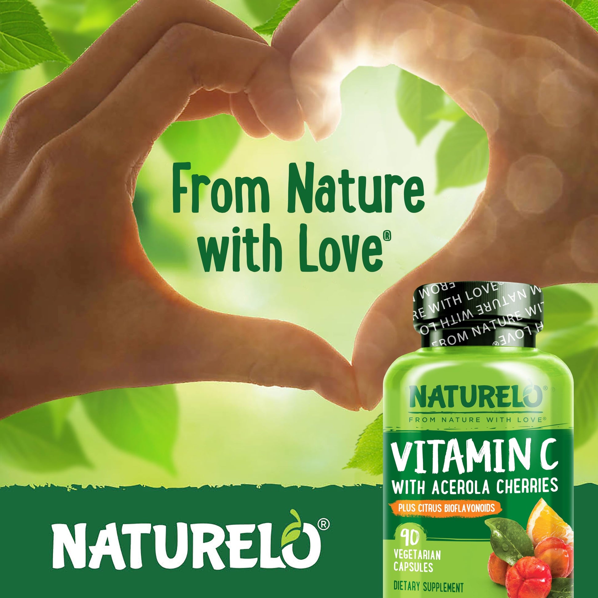 NATURELO Vitamin C with Organic Acerola Cherry Extract and Citrus Bioflavonoids - Vegan Supplement - Immune Support - 500 mg VIT C per Cap - Non-GMO - 90 Capsules - Medaid International