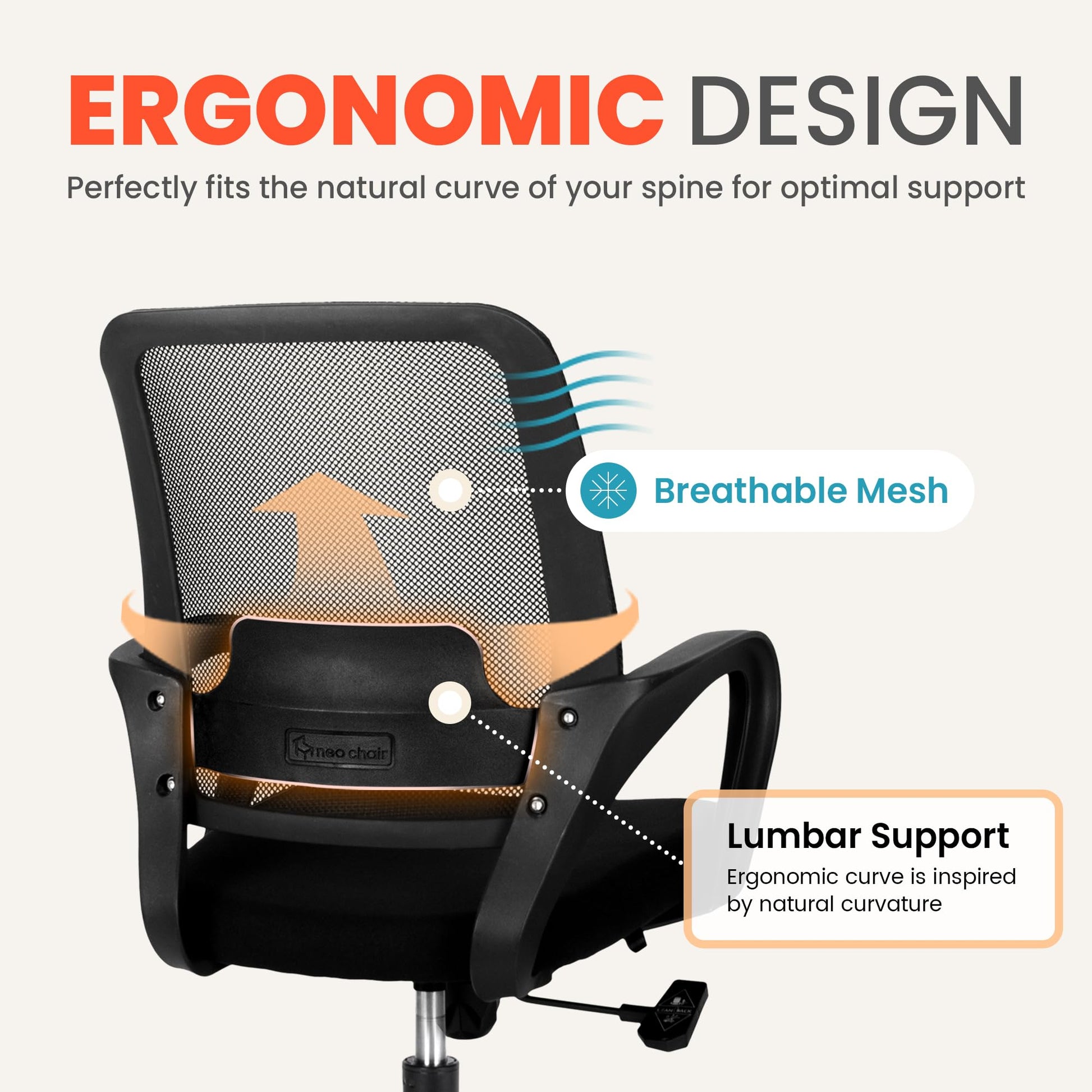 NEO Chair Office Desk Mesh Chair Ergonomic Computer Mid-Back Chair with Comfy Lumbar Support Wheels Swivel Adjustable Height Rolling for Home Vanity Bedroom Study (All Black) - Medaid International