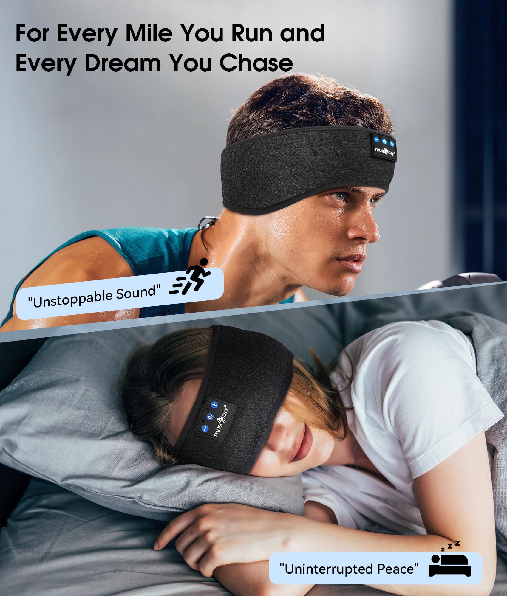 MUSICOZY Sleep Headphones Bluetooth 5.4 Headband, Wireless Earphones Music Sleep Earbuds Sleeping Eye Mask with HD Stereo Speakers for Workout Running Travel Yoga, Ideal Gifts (Double-Sided Black) - Medaid International