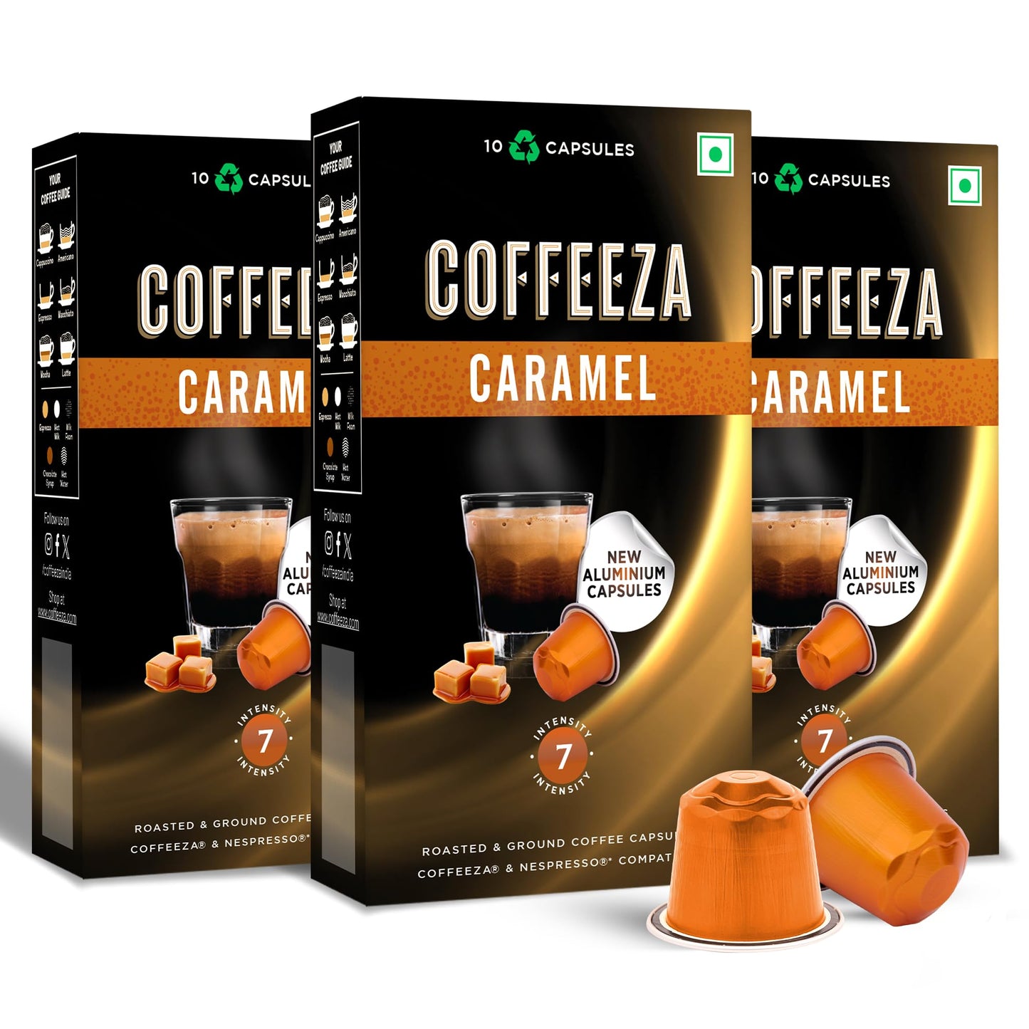 Coffeeza Caramel Flavored coffee pods | Intensity – 7, 100% Arabica Aluminium Coffee Pods, 3 Pack - 30 Flavoured Pods (Compatible with OriginalLine Machines only*)