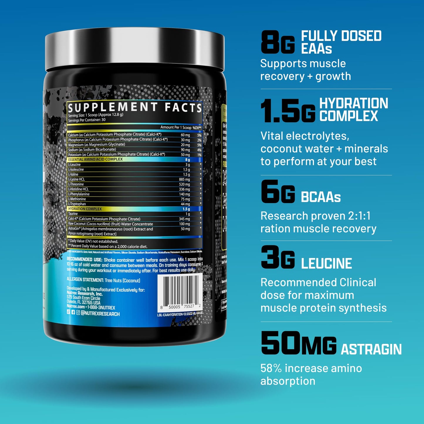 Nutrex Research EAA Hydration | EAAs + BCAA Powder | Muscle Recovery, Strength, Muscle Building, Endurance | 8G Essential Amino Acids + Electrolytes | Blueberry Lemonade 30 Servings - Medaid International