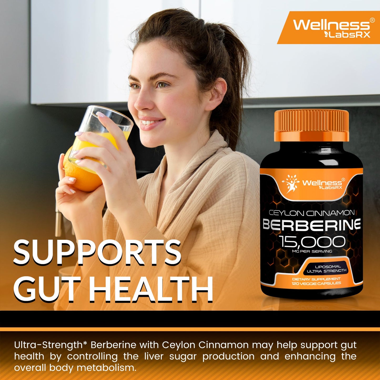 WELLNESS LABSRX Berberine 15,000mg - Third-Party Tested Berberine Supplement HCL with Ceylon Cinnamon, Black Pepper Extract and Apple Cider Vinegar, Heart Support Capsules - 120 Capsules - Pack of 1 - Medaid International
