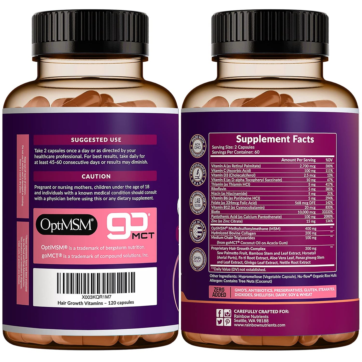 Hair Growth Vitamins for Women | Biotin 10,000mcg, Collagen, Patented OptiMSM®, goMCT®, Saw Palmetto | Naturally Regrow Stronger & Healthier Hair, Skin and Nails | Stops Hair Loss | 60 Day Supply - Medaid International