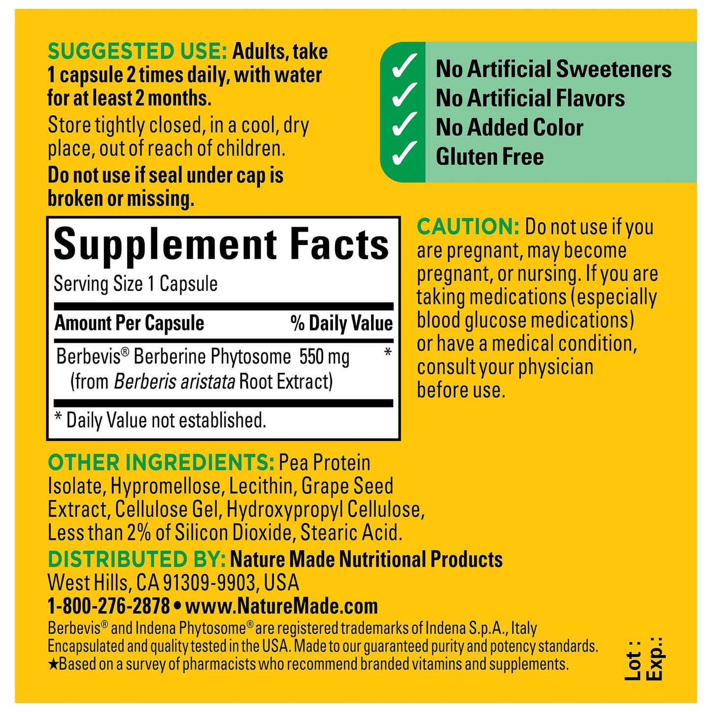Nature Made Better Absorption Berberine Phytosome Capsules, 1100mg Per 2 Capsules Daily, Berberine Supplement for Cardiovascular Health Support, 60 Capsules, 30 Day Supply - Medaid International
