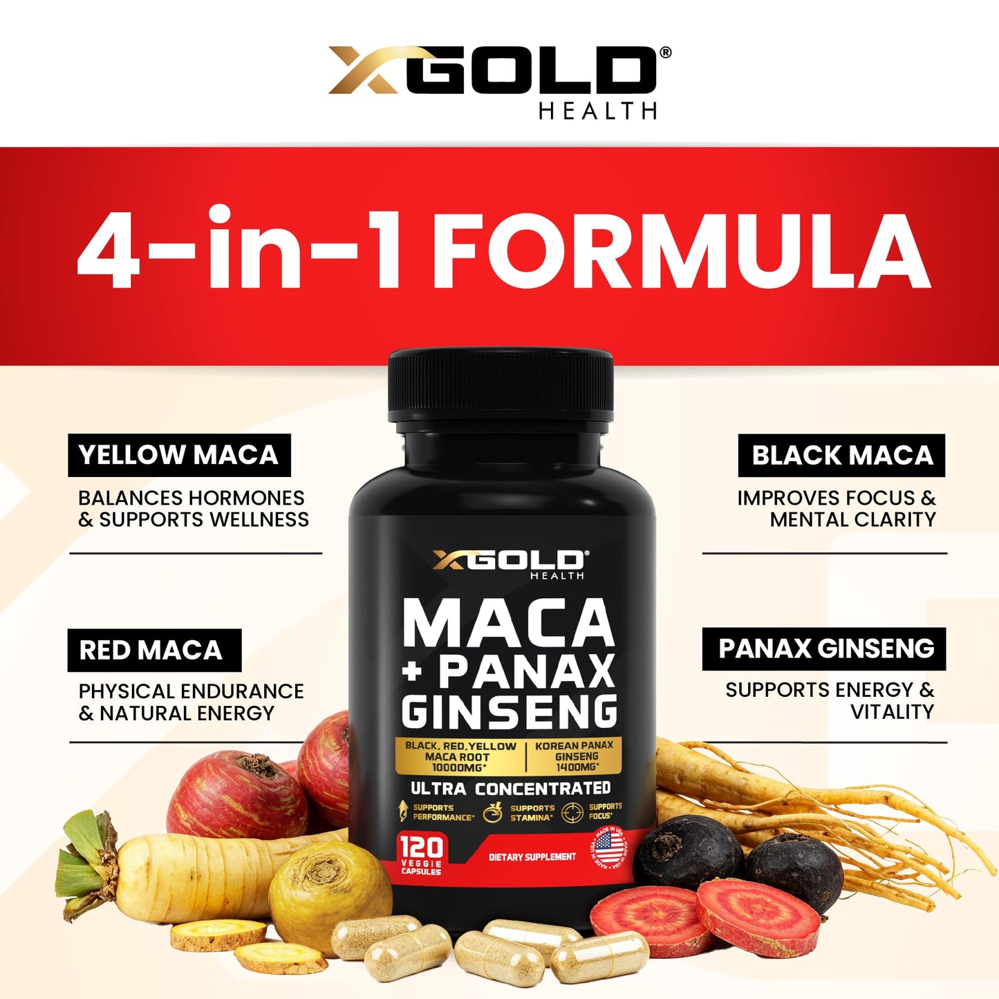 Maca Root Capsules 10,000mg + Korean Panax Ginseng 1,400mg - 20x Concentrated Extract Black + Red + Yellow Maca Root, 10x Concentrated Extract Panax Ginseng Capsules - Ultra Potent & Highly Purified - Medaid International