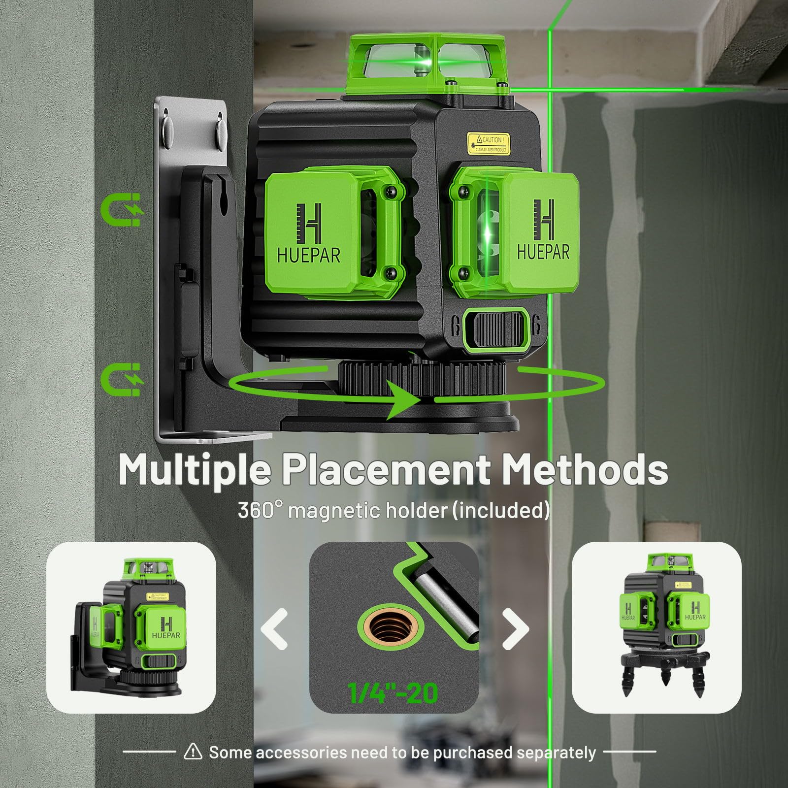 HUEPAR Laser Level 360 Self Leveling, Rechargeable 3D High Brightness Green Laser 3x360° Best Laser Leveler Tool for Construction and Picture Hanging, Strong Magnetic Bracket & Hard Suitcase -B03CG - Medaid International