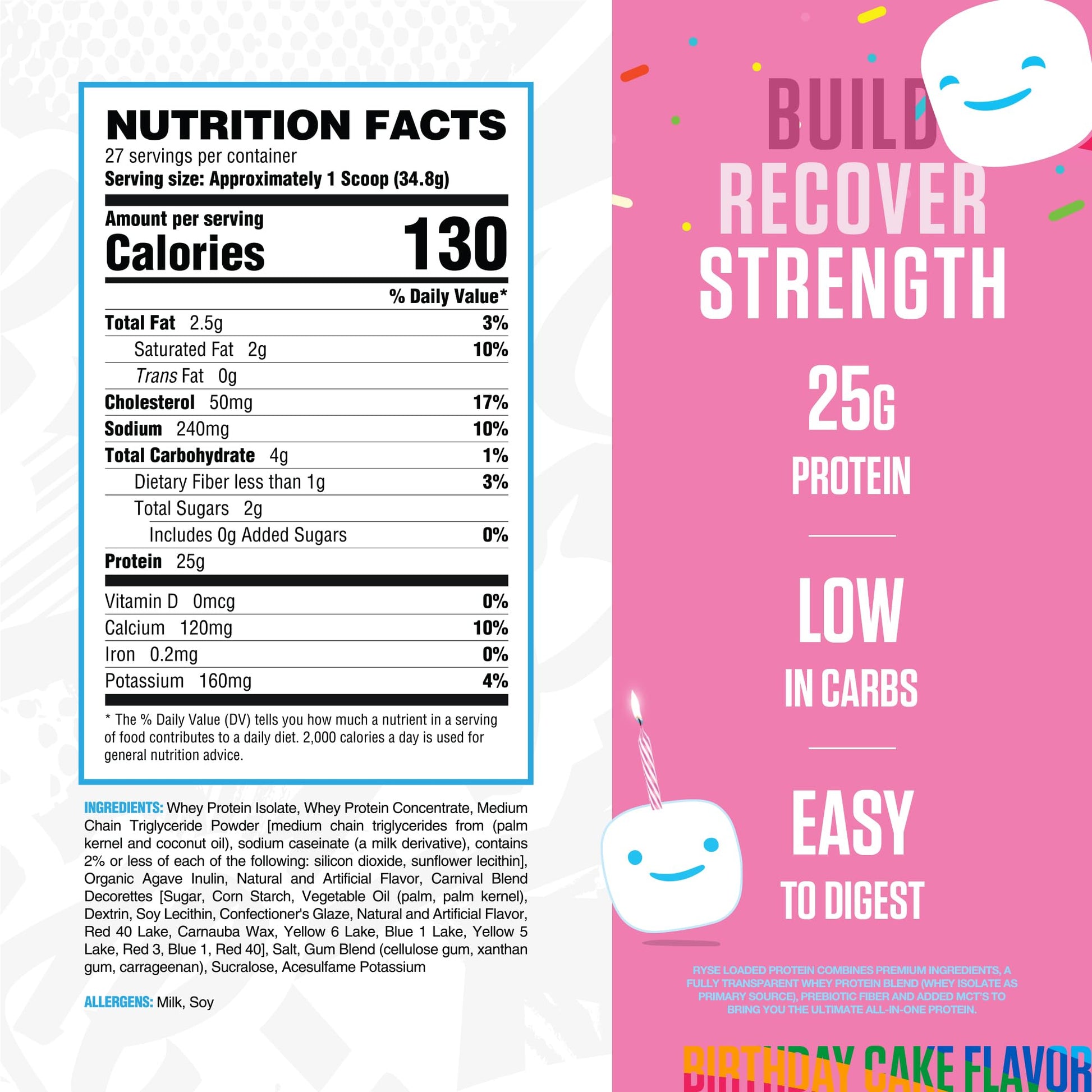 RYSE Loaded Protein Powder - Jet-Puffed Birthday Cake - 25g Whey Protein Isolate & Concentrate with Prebiotic Fiber & MCTs - Low Carb, Low Sugar, Digestive-Friendly - 27 Servings / 2 lb Tub - Medaid International