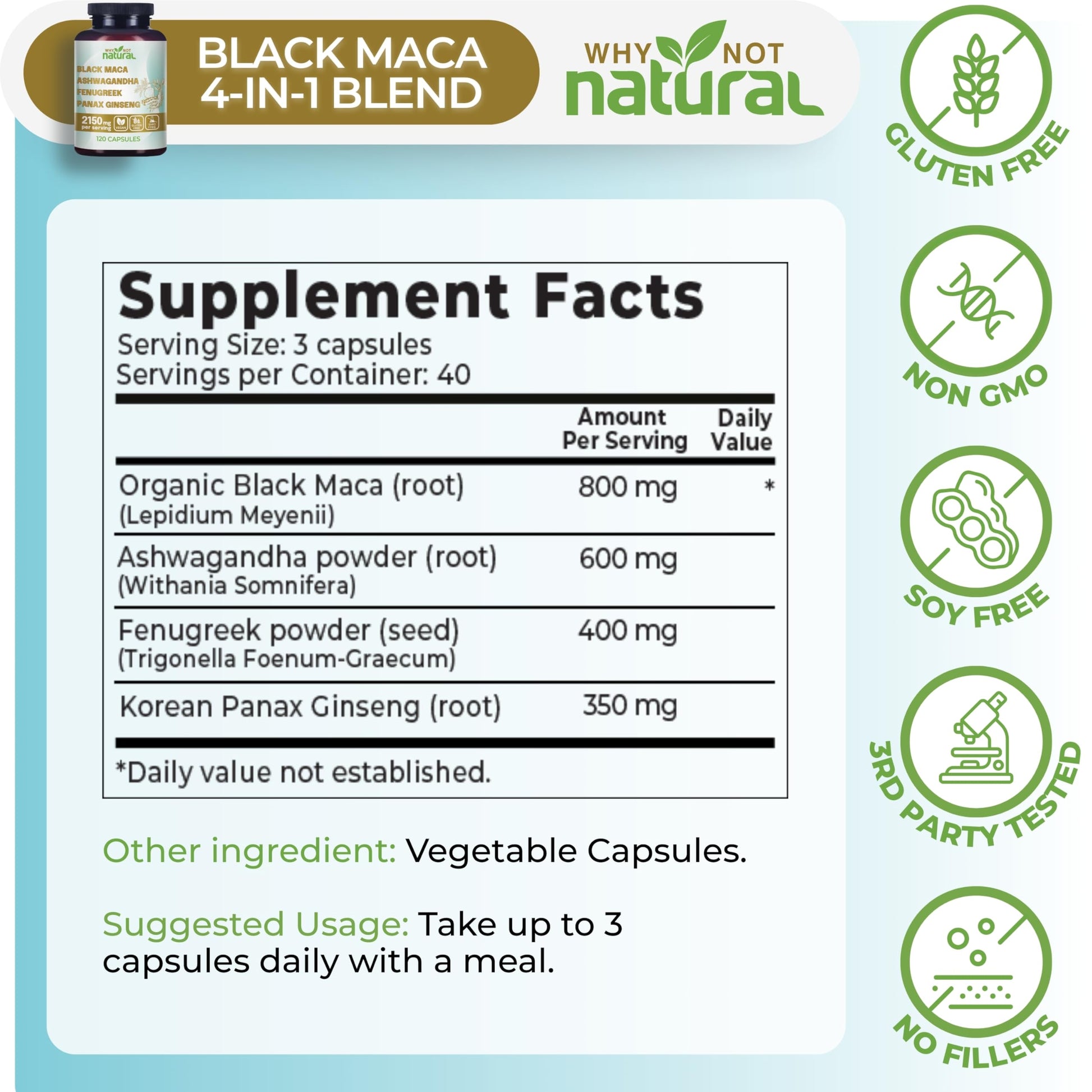 Why Not Natural 4-in-1 Organic Black Maca Root, Ashwagandha, Fenugreek, Panax Ginseng Capsules, Supplement for Men and Women - Medaid International