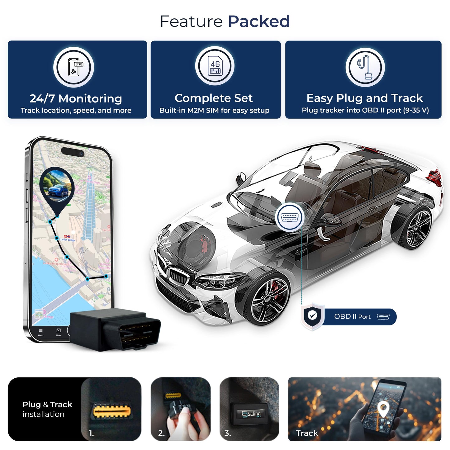 Salind GPS 4G LTE OBD 9-35V Fleet and Vehicle Tracker – Hidden Car, Truck, Trailer Locator with Real-Time Monitoring, Route History, Mileage, GeoFence, Compact Splash Proof Design, Fixed Connection - Medaid International