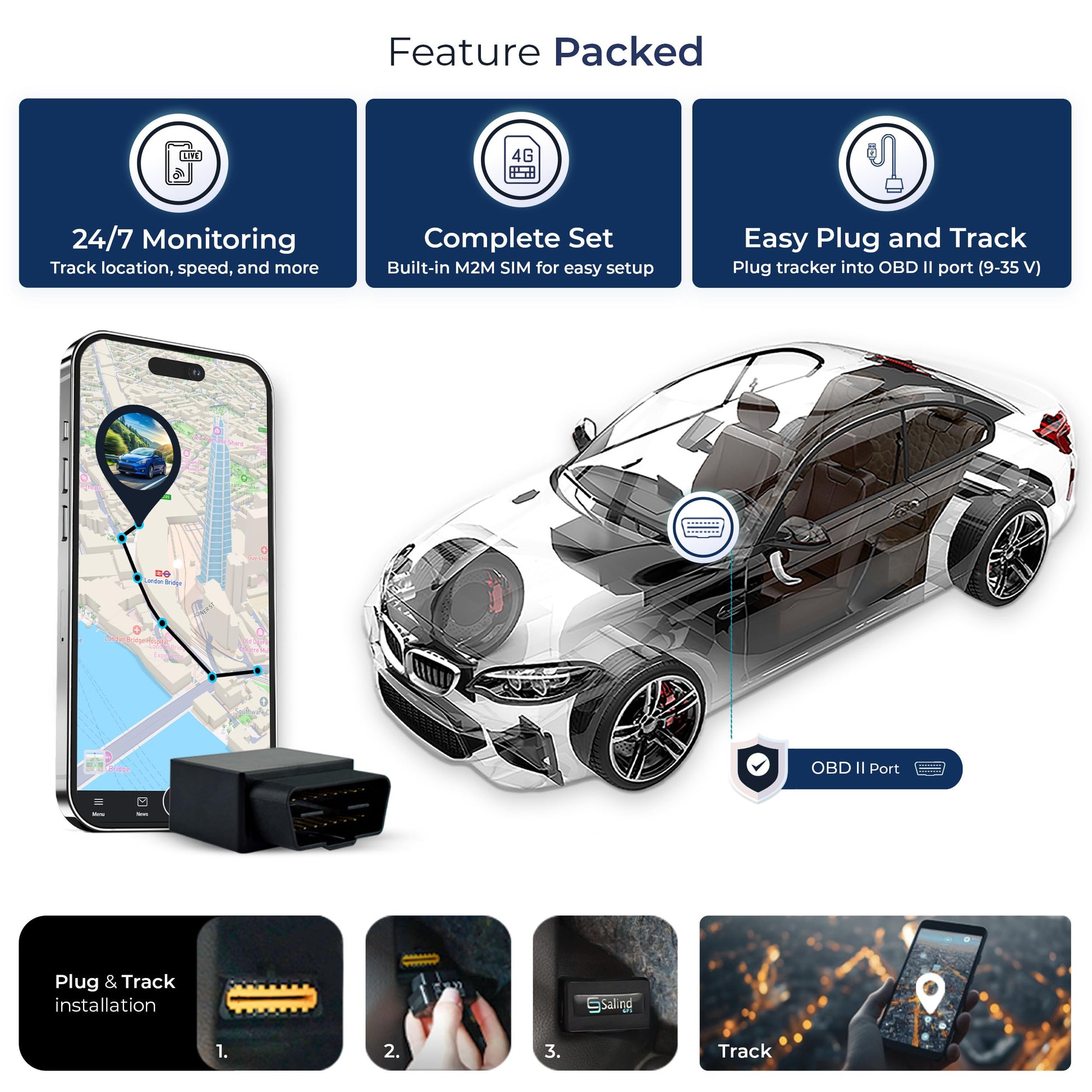 Salind GPS 4G LTE OBD 9-35V Fleet and Vehicle Tracker – Hidden Car, Truck, Trailer Locator with Real-Time Monitoring, Route History, Mileage, GeoFence, Compact Splash Proof Design, Fixed Connection - Medaid International