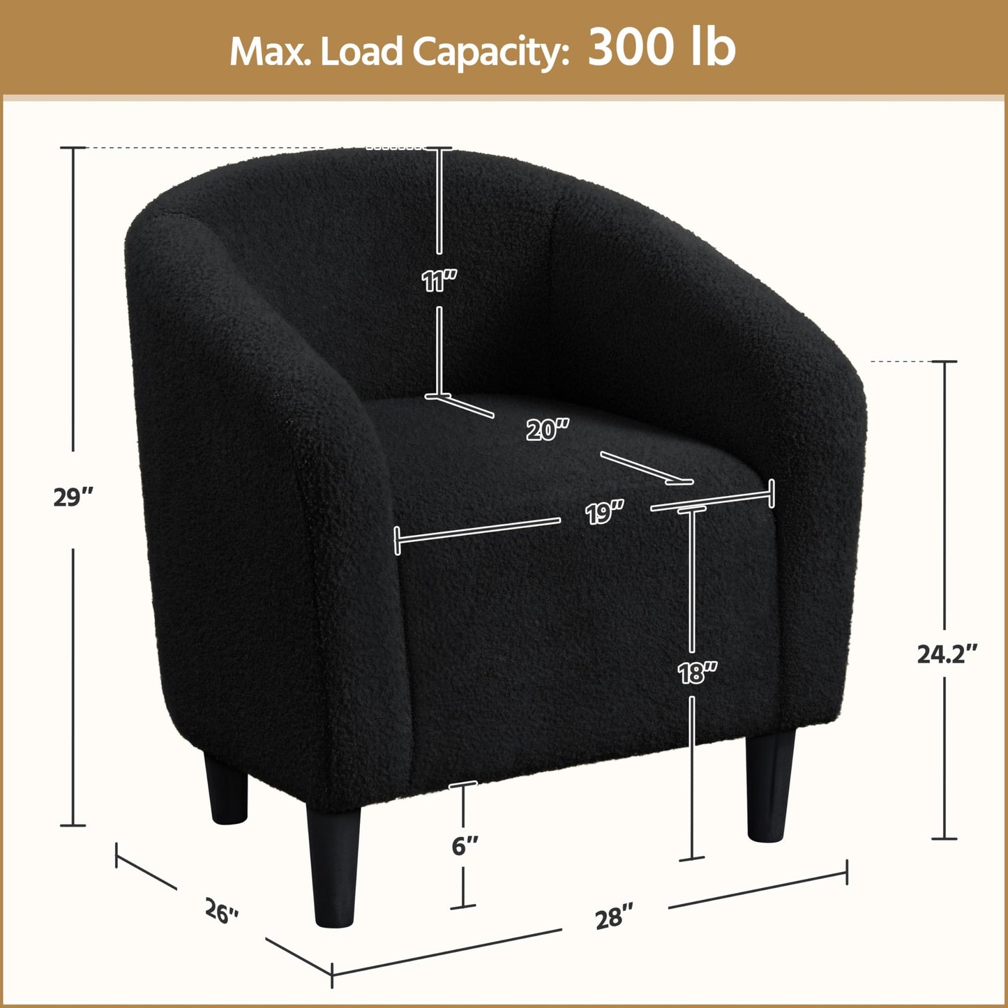 Yaheetech Accent Barrel Chair, Boucle Fabric Club Chair, Furry Sherpa Elegant Armchair with Cozy Soft Padded, Suitable for Living Room Bedroom Reception Room Office, Black - Medaid International