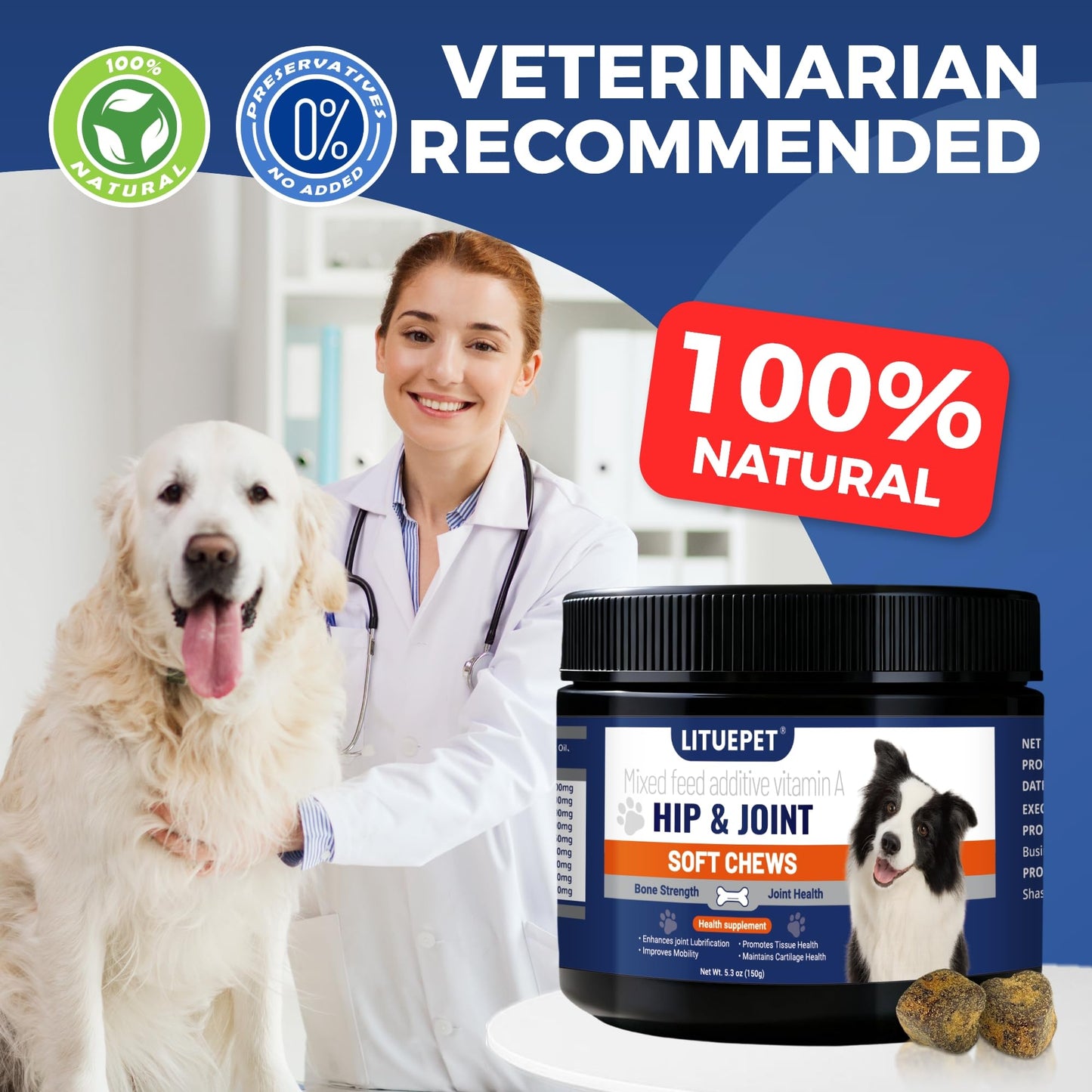 Advanced Glucosamine Chondroitin for Dogs - 60 Tablets Hip & Joint Supplement with MSM & Turmeric - All-Natural Pain Relief Formula for All Breeds