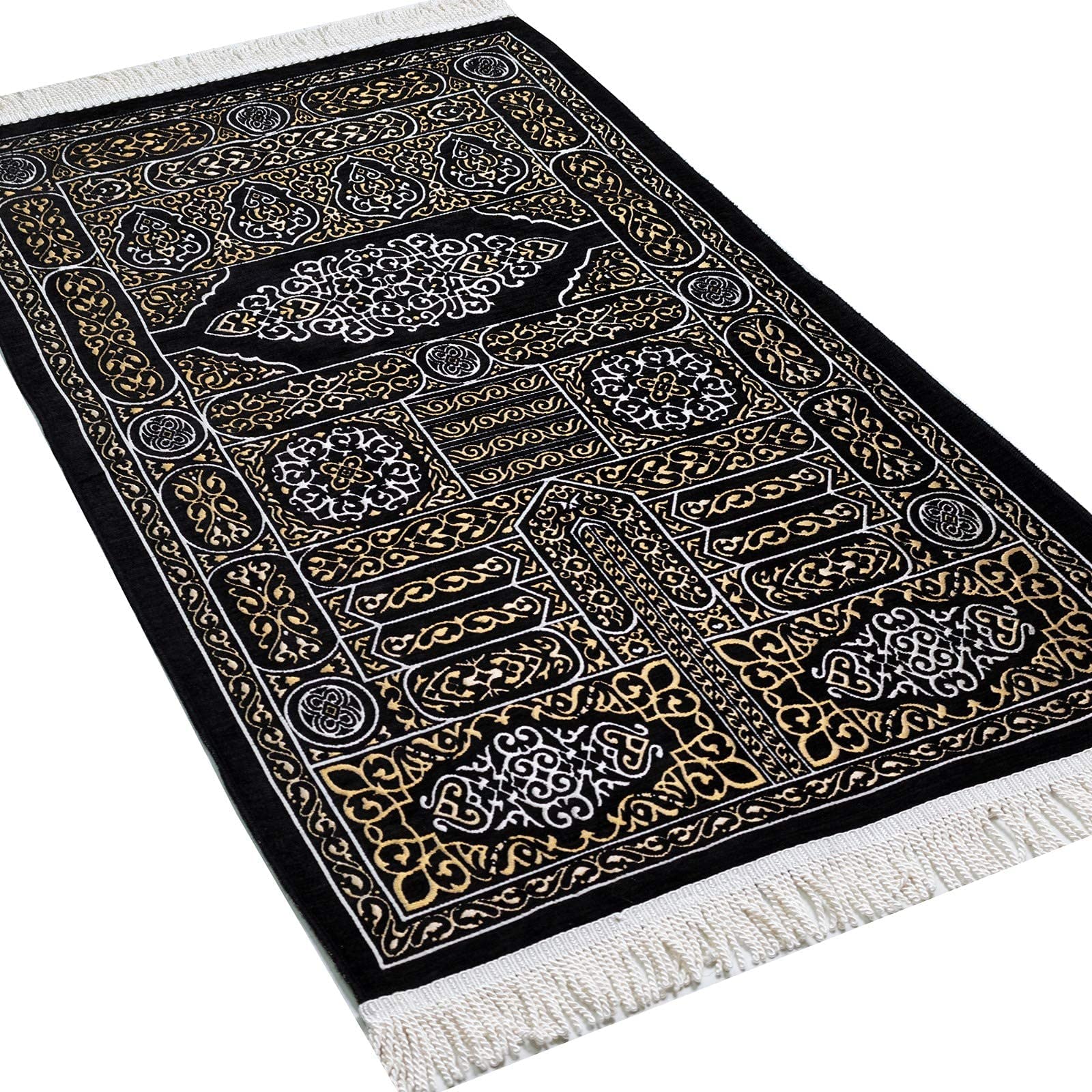 Modefa Turkish Islamic Prayer Mat Muslim Prayer Rug Islam Men Women Chenille with Praying Cap, Beads | Full Kaba Door Swirl Intricate Design (Black) - Medaid International