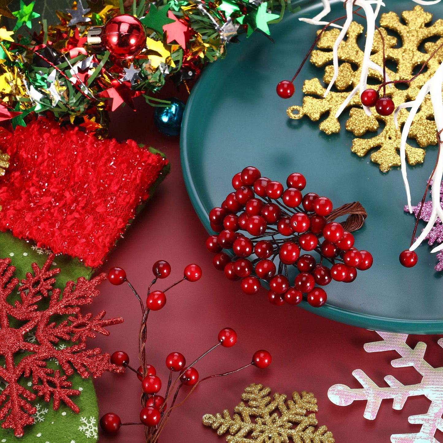 BBTO Artificial Holly Berries on Wire Stems, 250 Stems with 500 Pieces 8 mm Fake Berries for Tree Decorations Wreath Craft Use Wedding Party Favor (Dark Red) - Medaid International