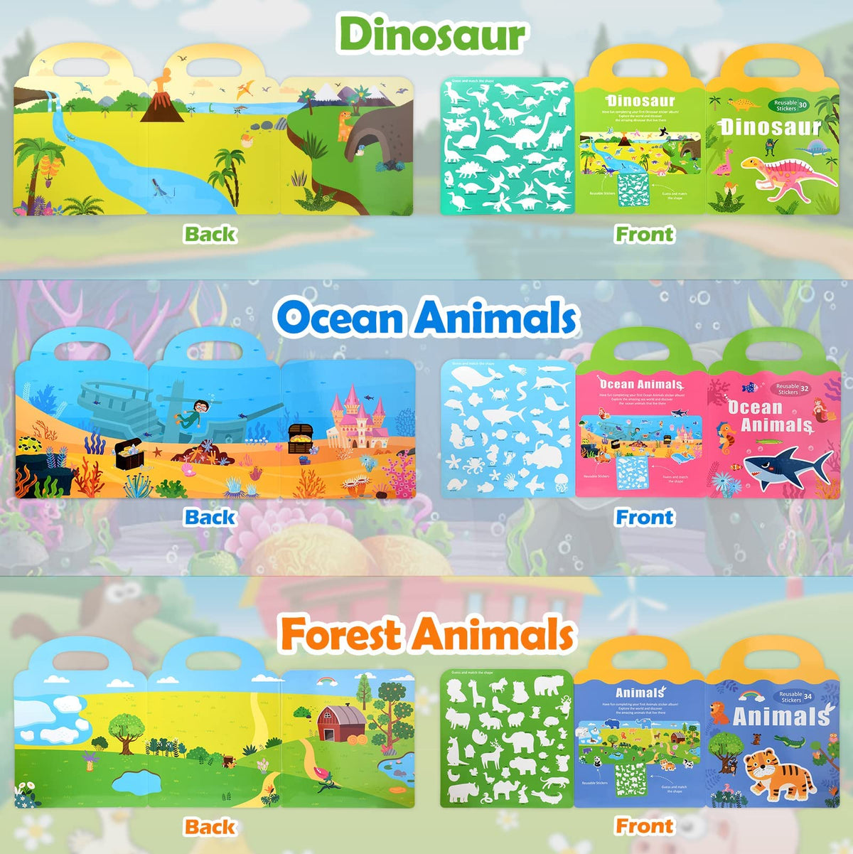 KASTWAVE Sticker Book for Kids, 3 Pack Reusable Sticker Books for Toddlers, Magnetic Sticker Books for Toddlers Static Toys Ocean Animals Dinosaur Stickers Books for 1-6 Years Educational Toys