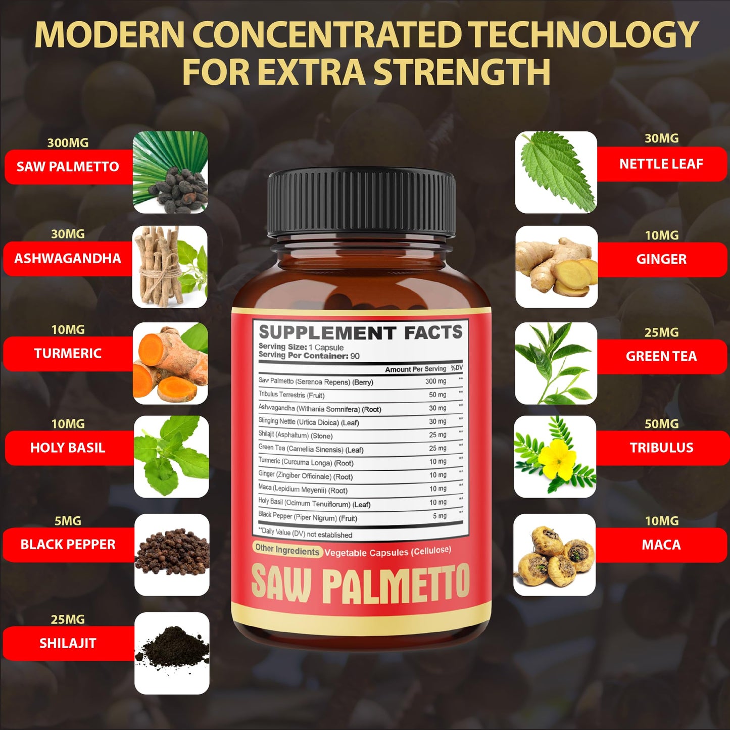 Premium Saw Palmetto Capsules - Combined with Ashwagandha, Turmeric, Tribulus, Maca, Green Tea, Ginger, Holy Basil & More - 90 Capsules 3-Month Supply - Medaid International