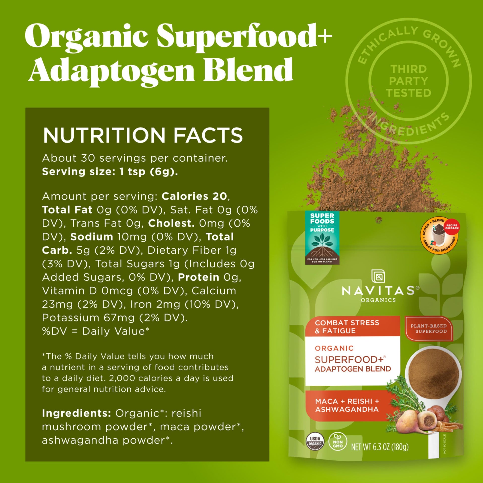 Navitas Organics Superfood+ Adaptogen Blend for Stress Support (Maca + Reishi + Ashwagandha), 6.3oz Bag, 30 Servings — Organic, Non-GMO, Vegan, Gluten-Free, Keto & Paleo. - Medaid International