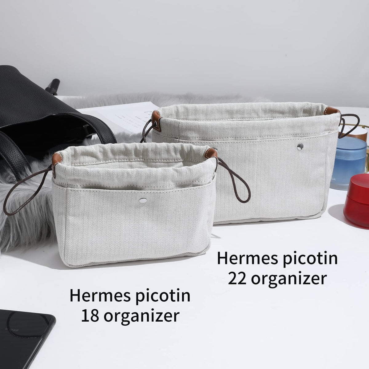 KASTWAVE Purse Organizers, Natural Cotton Herringbone Canvas Picotin 18,22 Handbag, Bag Shaper Insert Fit H Piction18, Silk,Luxury Handbag Tote in Bag Shapers, 6 Pockets (Light gray, Small)
