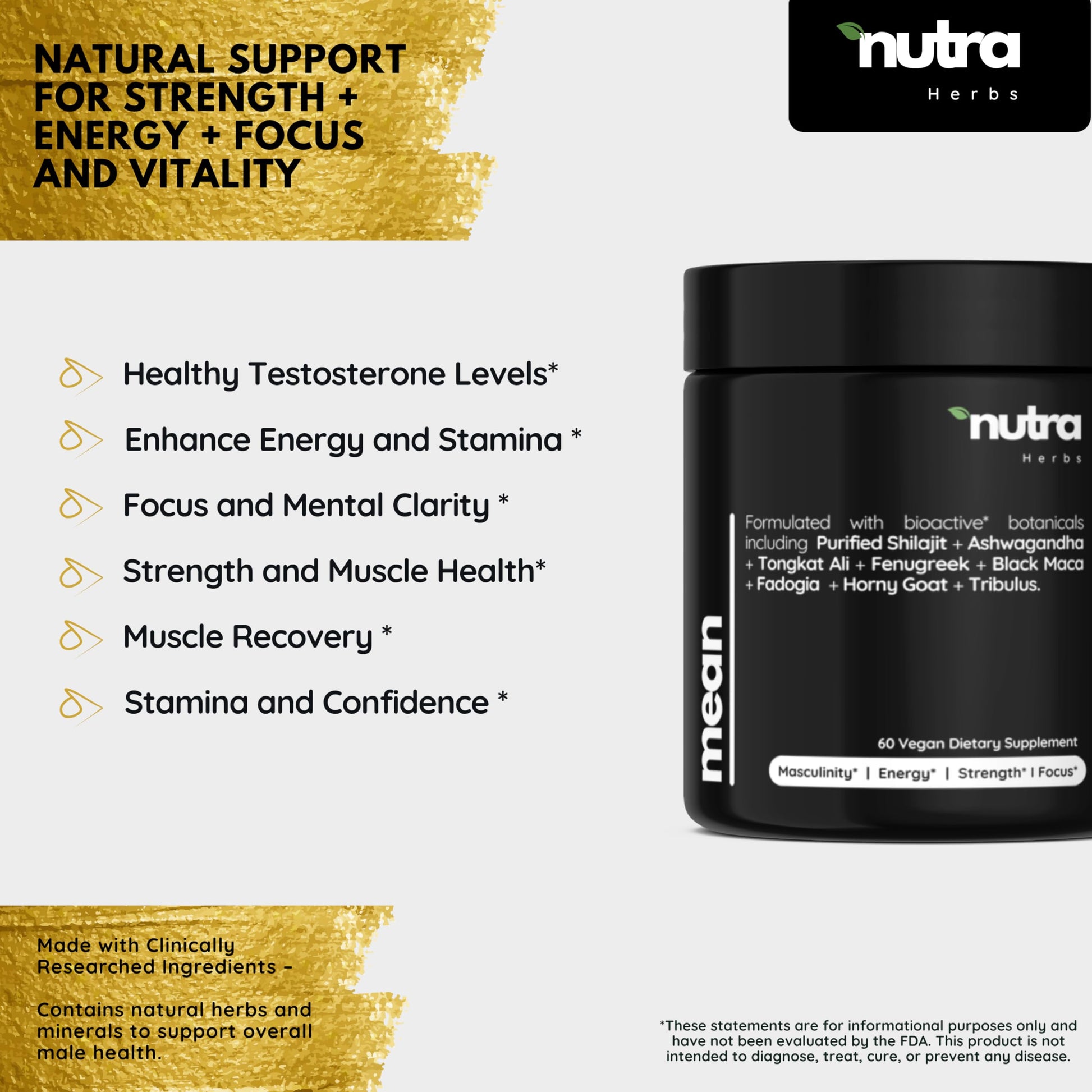 NutraHerds - Men’s Vitality & Testosterone Support | Tongkat Ali + Fadogia Agrestis + Ashwagandha + Shilajit & More | Energy • Stamina • Focus | 2 Capsule Daily | Vegan • Non-GMO • 3rd-Party Tested - Medaid International