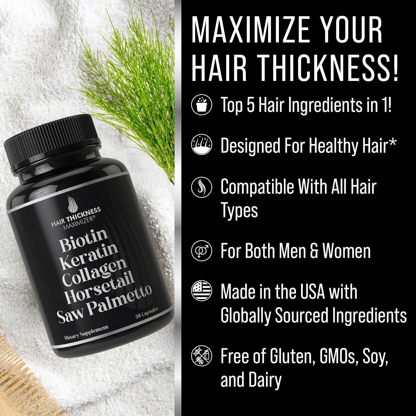 Biotin (5000mcg), Keratin, Collagen, Horsetail, Saw Palmetto – 5-in-1 Hair Growth Supplement & Vitamins for Women & Men, DHT Blocker Capsules for Thinning - Hair Growth Vitamins - Medaid International