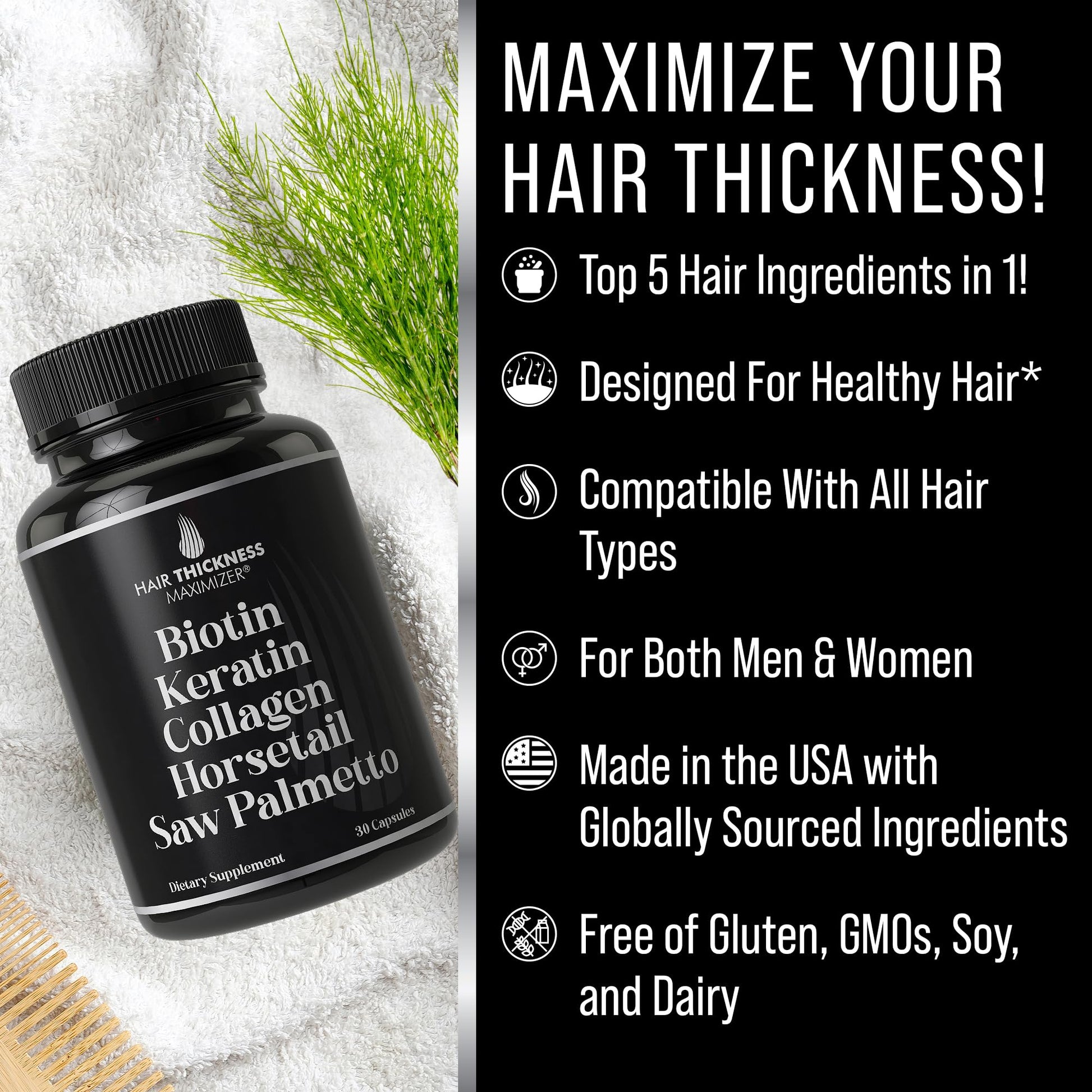 Biotin (5000mcg), Keratin, Collagen, Horsetail, Saw Palmetto – 5-in-1 Hair Growth Supplement & Vitamins for Women & Men, DHT Blocker Capsules for Thinning - Hair Growth Vitamins - Medaid International