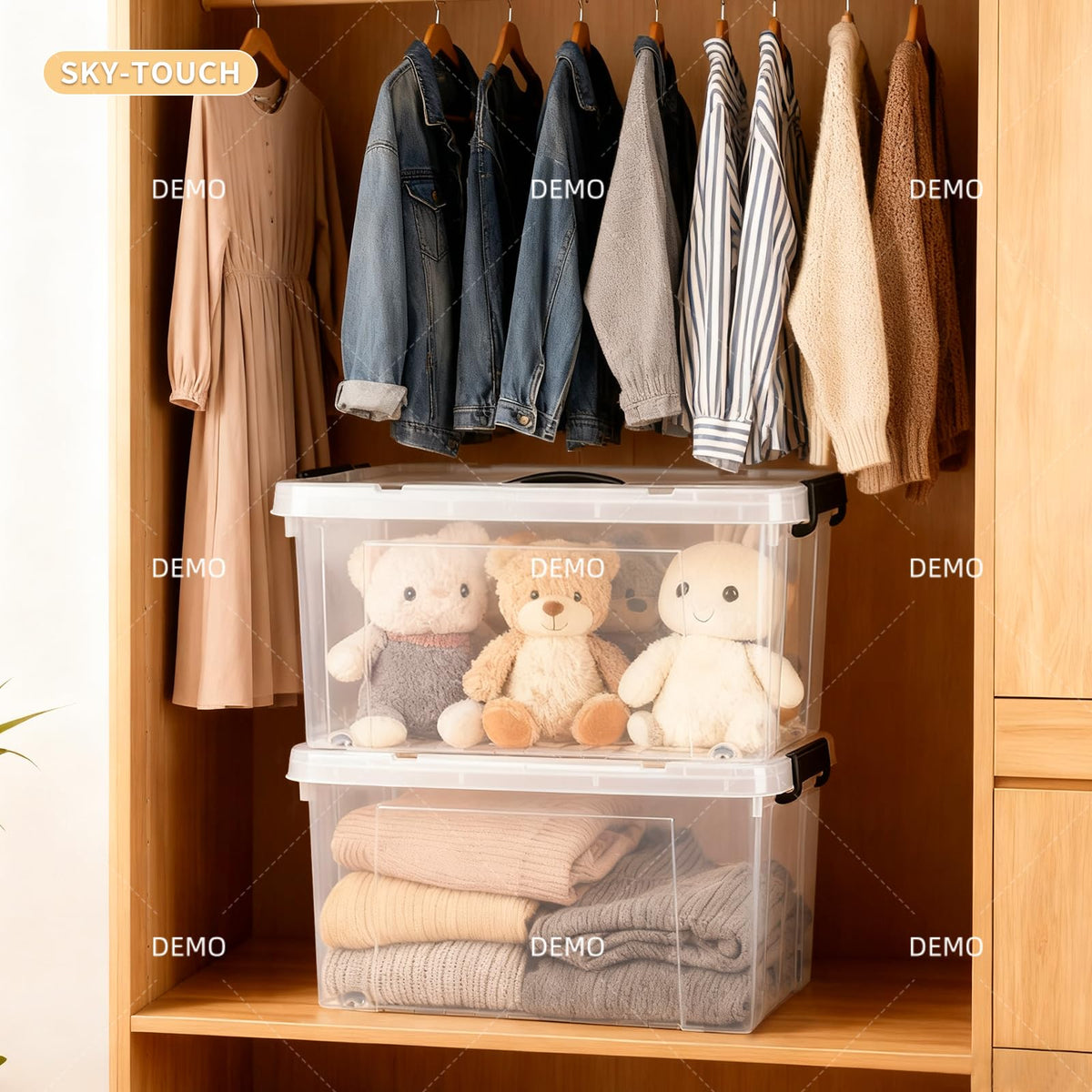 SKY-TOUCH 100 Liters Clear Plastic Storage Box with Lockable Lid & Wheels,Plastic Organizer Bin with Handles,for Storing Clothes, Toys, Tools,70x51x43cm,1pcs XL Large Size