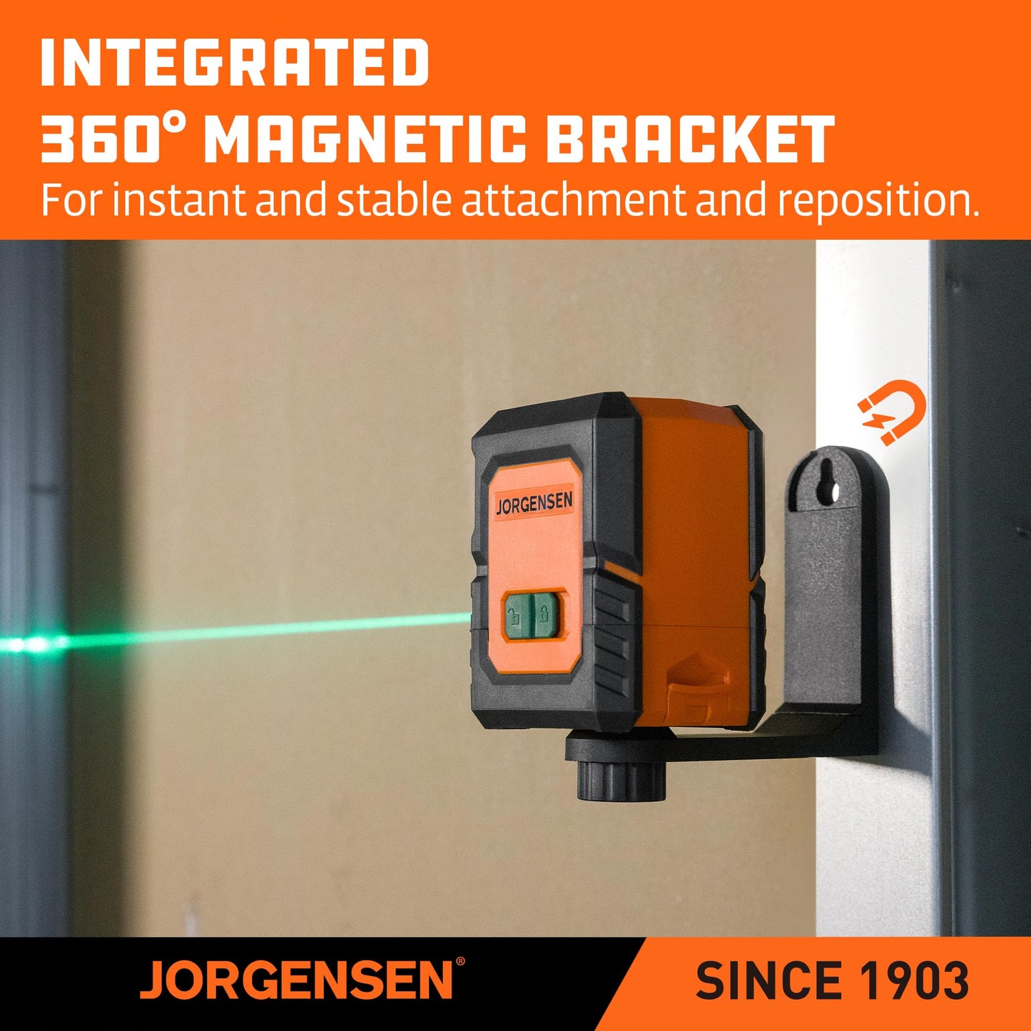 JORGENSEN Laser Level with Tripod, 100 FT Dual Modules Self Leveling Cross Line Laser Leveler Tool with 360° Magnetic Base, Green Laser Level for Picture Hanging, Tile, Home Renovation, Indoor Project - Medaid International