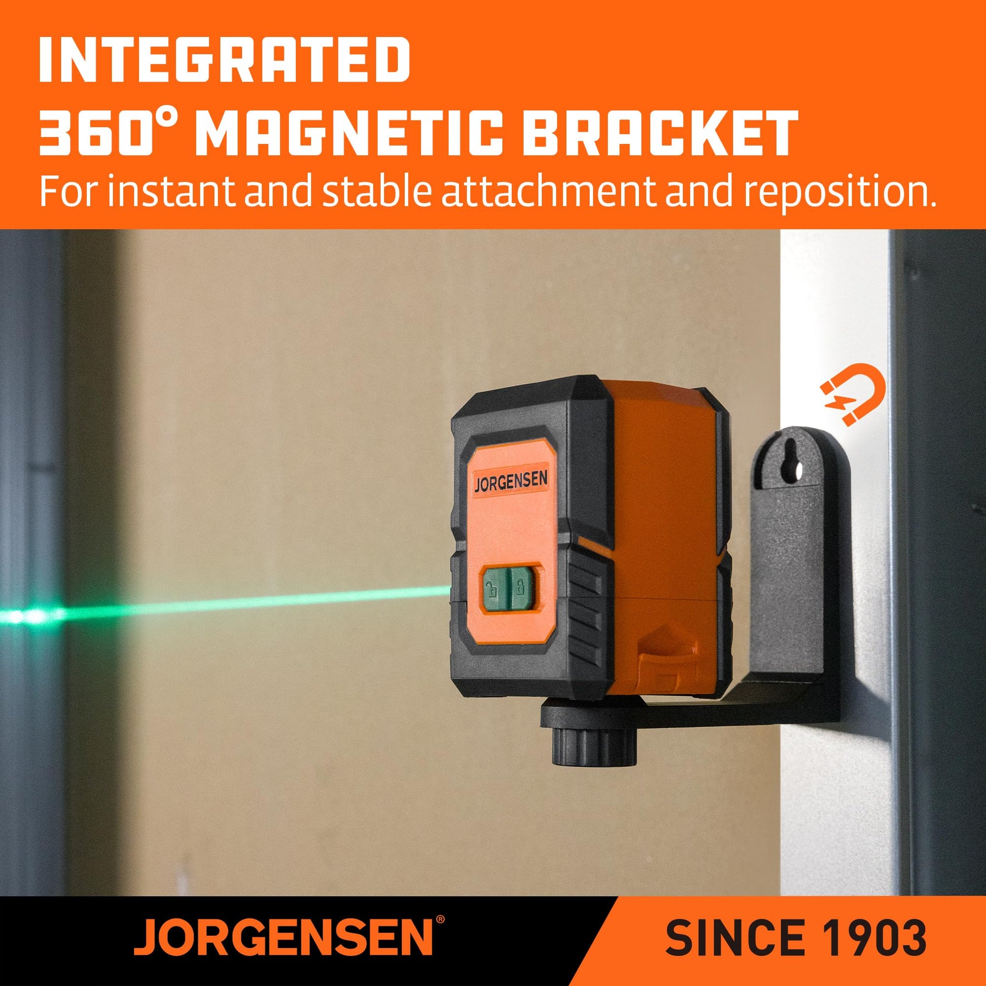 JORGENSEN Laser Level with Tripod, 100 FT Dual Modules Self Leveling Cross Line Laser Leveler Tool with 360° Magnetic Base, Green Laser Level for Picture Hanging, Tile, Home Renovation, Indoor Project - Medaid International
